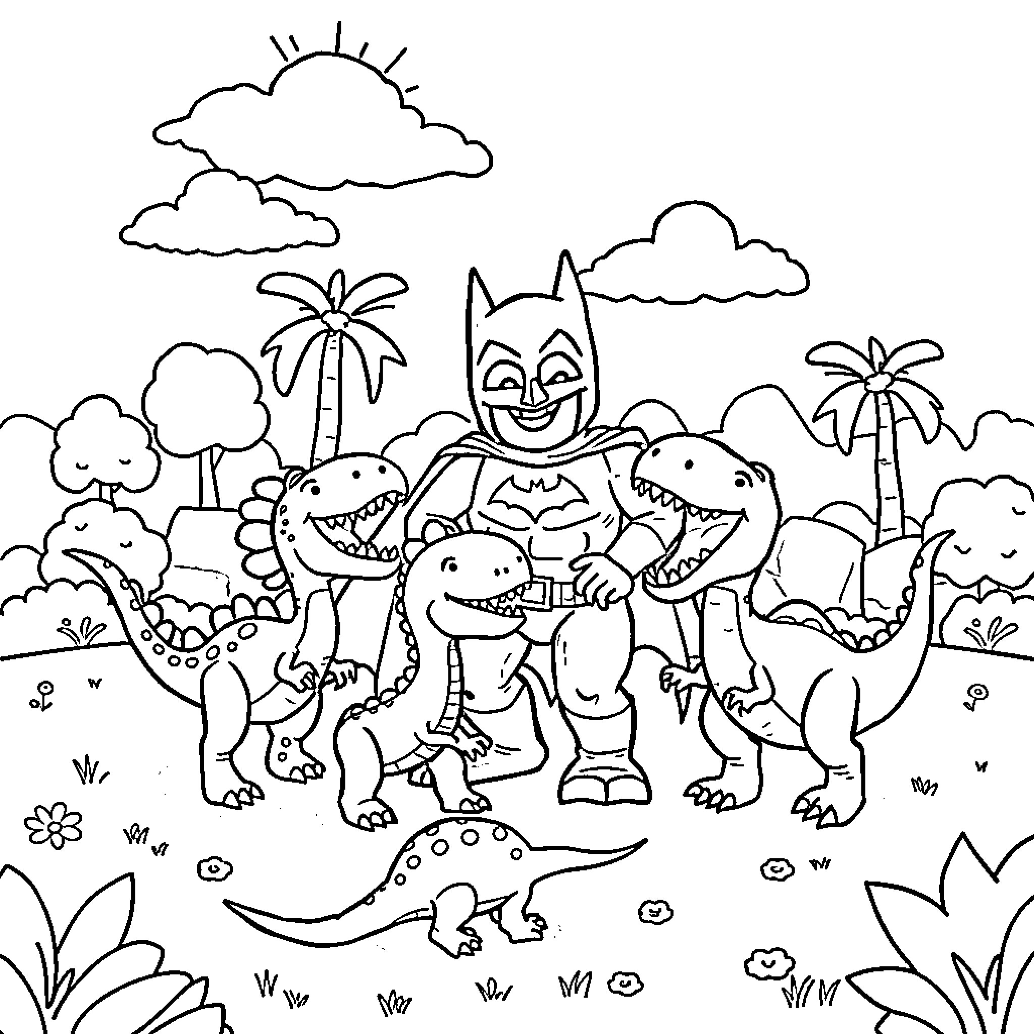 Dinosaur Friends Explore Tropical Landscape Coloring Page (free black-and-white line drawing printable PDF for all, from beginners to advanced learners, including children, teens, adults, and seniors)