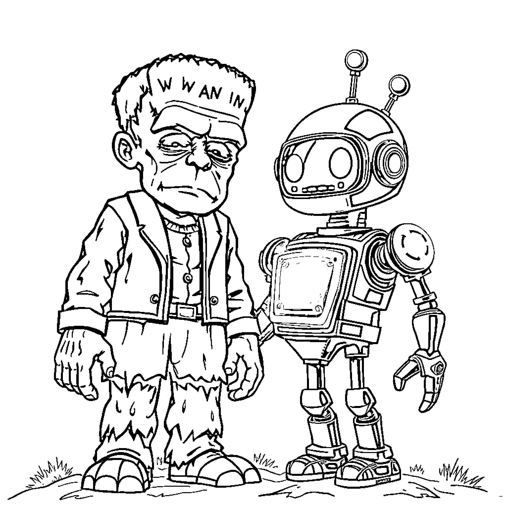 Frankenstein and His Robotic Companion Coloring Page (free black-and-white line drawing printable PDF for all, from beginners to advanced learners, including children, teens, adults, and seniors)