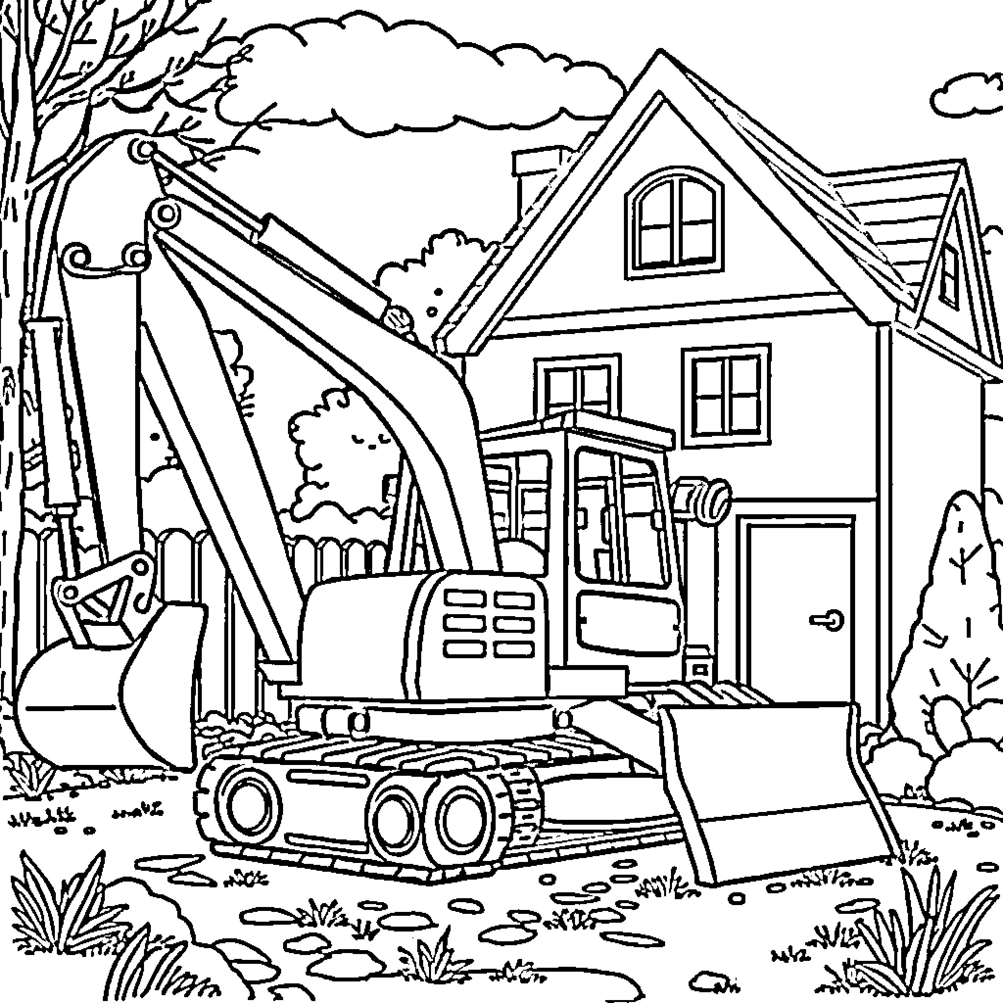 Excavator working on construction site near house Coloring Page (free black-and-white line drawing printable PDF for all, from beginners to advanced learners, including children, teens, adults, and seniors)