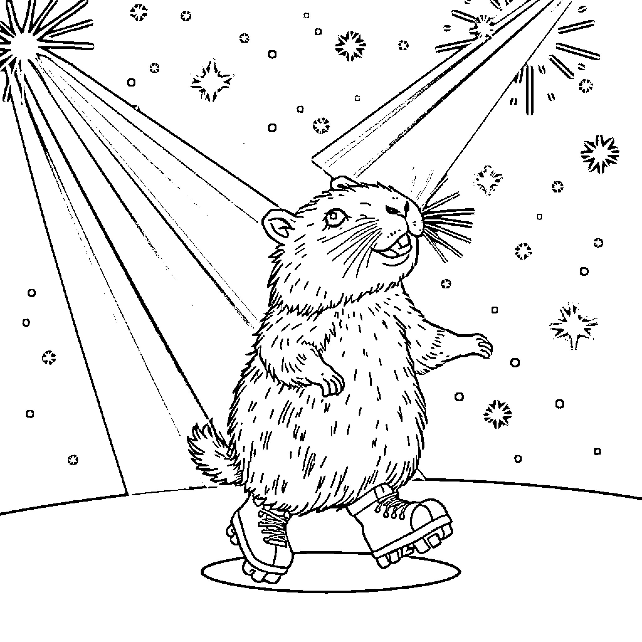 Capybara ice skating in a winter wonderland Coloring Page (free black-and-white line drawing printable PDF for all, from beginners to advanced learners, including children, teens, adults, and seniors)