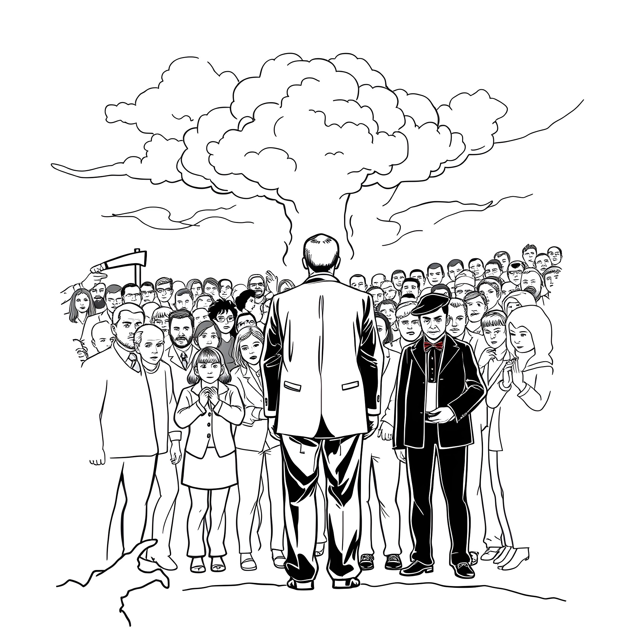 Donald Trump addressing a large crowd of people Coloring Page (free black-and-white line drawing printable PDF for all, from beginners to advanced learners, including children, teens, adults, and seniors)