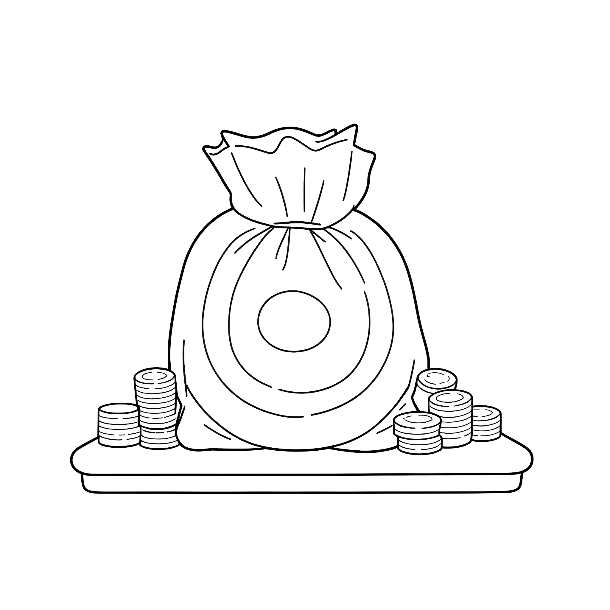 Target Bag with Coins on Platform Coloring Page (free black-and-white line drawing printable PDF for all, from beginners to advanced learners, including children, teens, adults, and seniors)