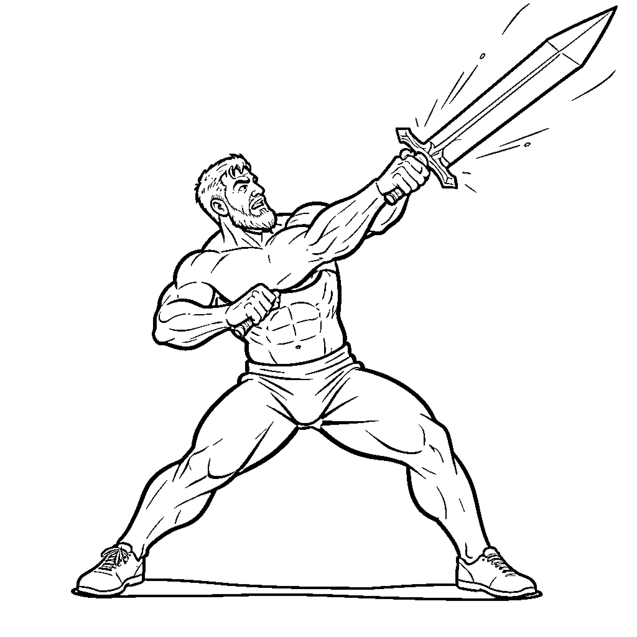 Strongman wielding a large sword with intense expression Coloring Page (free black-and-white line drawing printable PDF for all, from beginners to advanced learners, including children, teens, adults, and seniors)