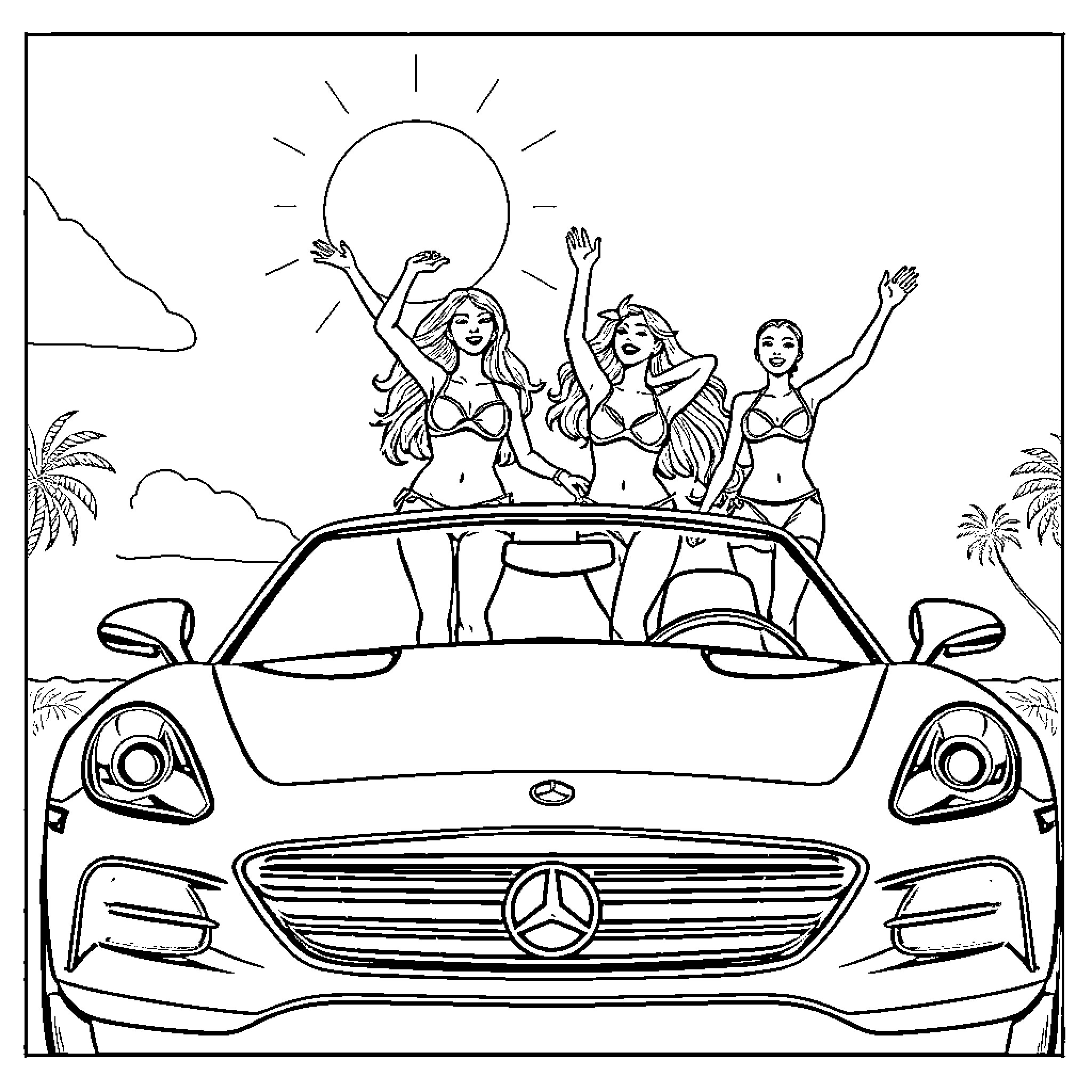 Girls celebrating joyfully in a sports car Coloring Page (free black-and-white line drawing printable PDF for all, from beginners to advanced learners, including children, teens, adults, and seniors)