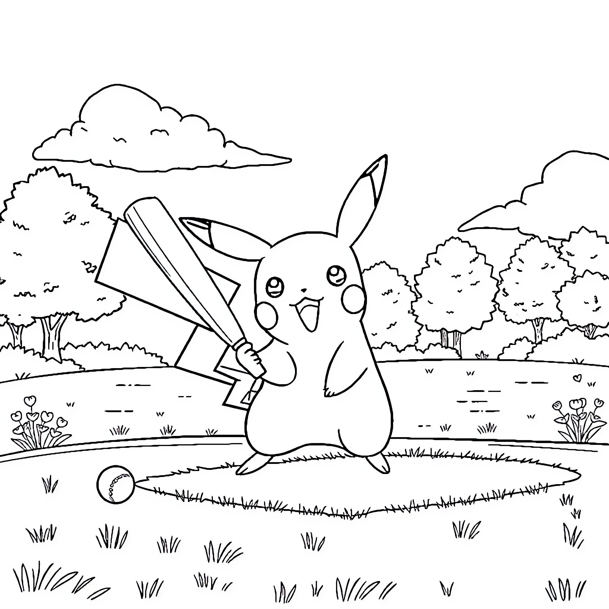Pikachu playing with a giant pencil in the park Coloring Page (free black-and-white line drawing printable PDF for all, from beginners to advanced learners, including children, teens, adults, and seniors)