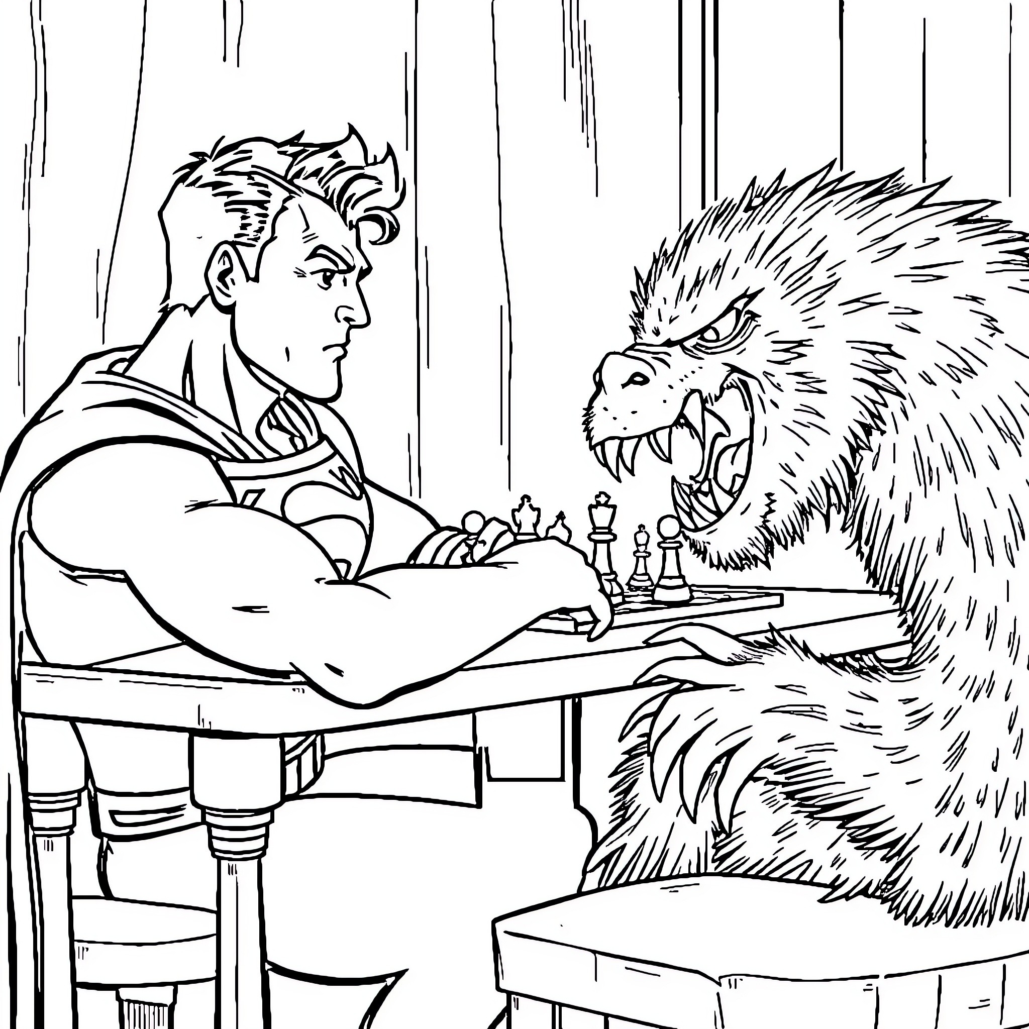 Superman playing chess with a ferocious beast Coloring Page (free black-and-white line drawing printable PDF for all, from beginners to advanced learners, including children, teens, adults, and seniors)
