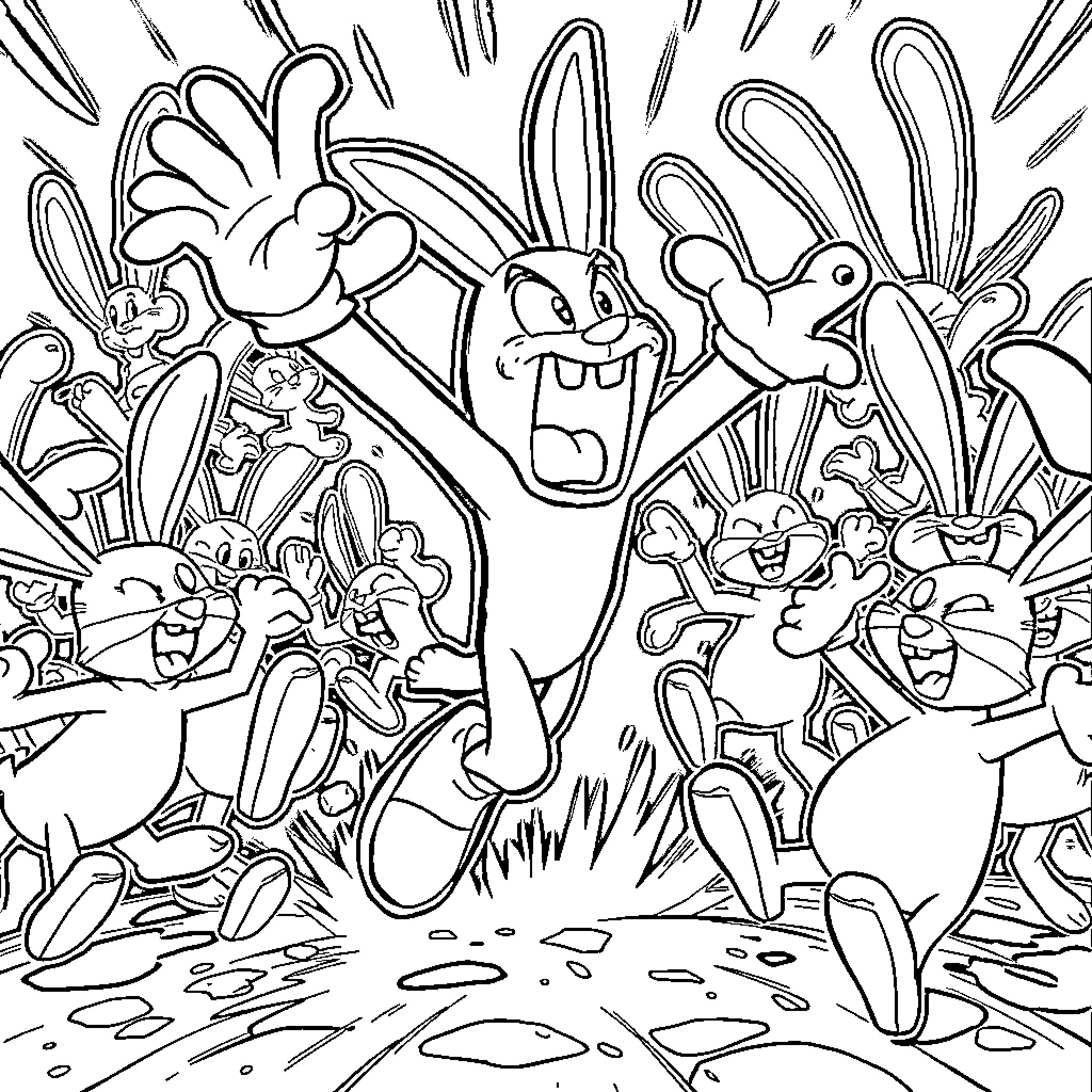 Rabbid Chaos in a Whimsical Wonderland Coloring Page (free black-and-white line drawing printable PDF for all, from beginners to advanced learners, including children, teens, adults, and seniors)