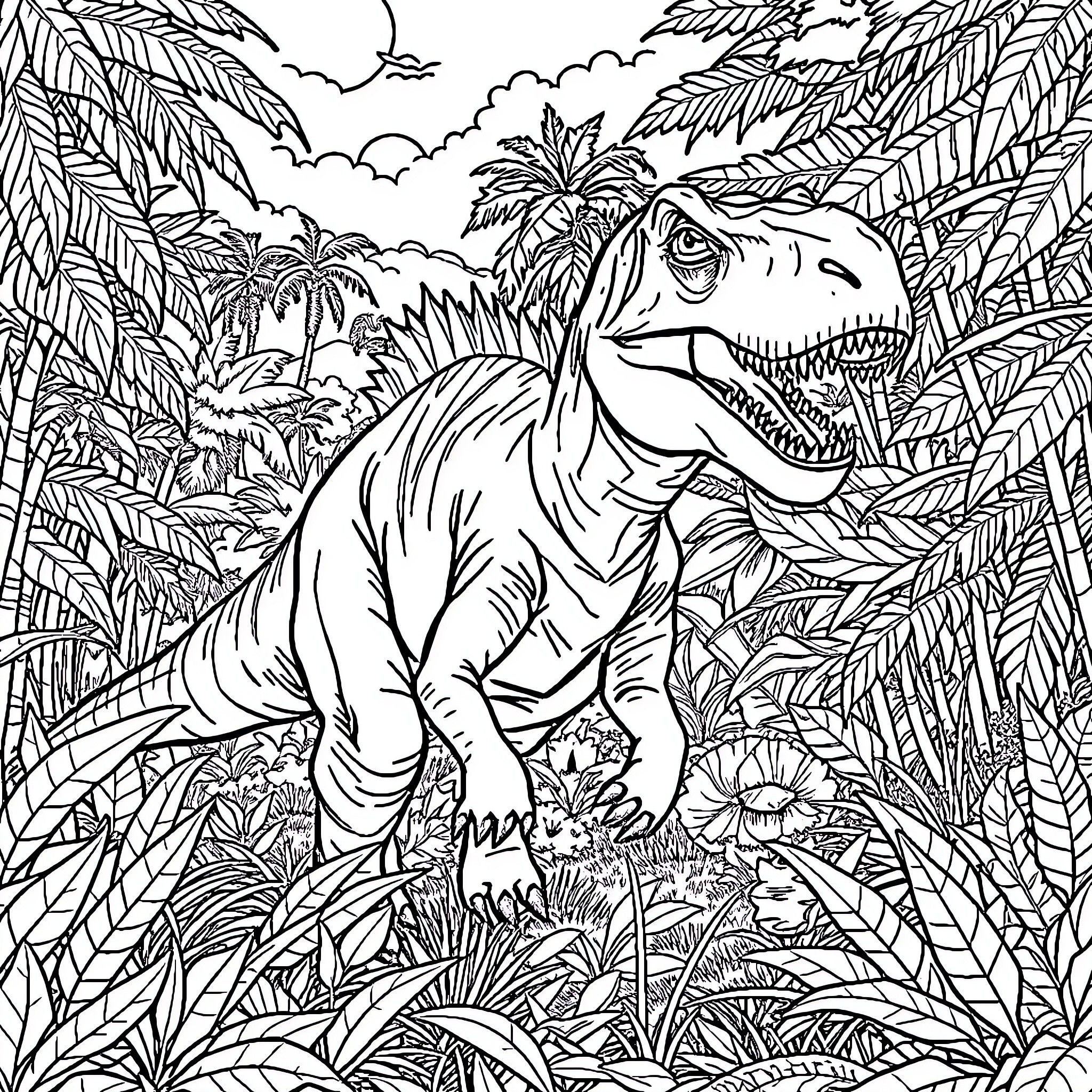 Dinosaur prowling through lush tropical jungle Coloring Page (free black-and-white line drawing printable PDF for all, from beginners to advanced learners, including children, teens, adults, and seniors)