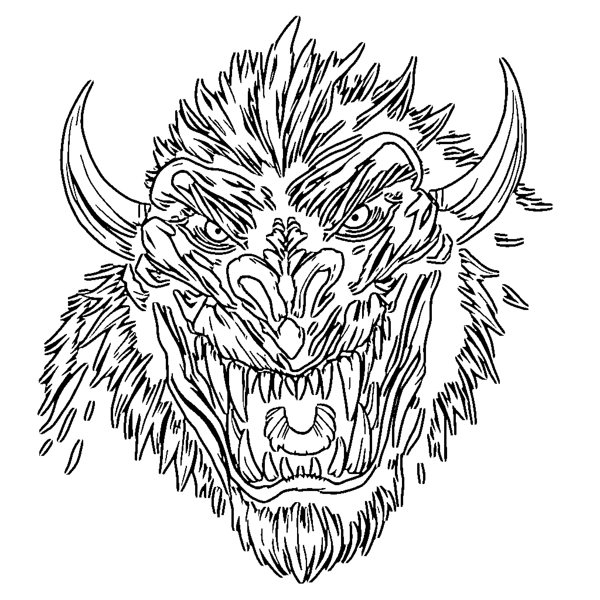 Monster with fierce expression and sharp fangs Coloring Page (free black-and-white line drawing printable PDF for all, from beginners to advanced learners, including children, teens, adults, and seniors)