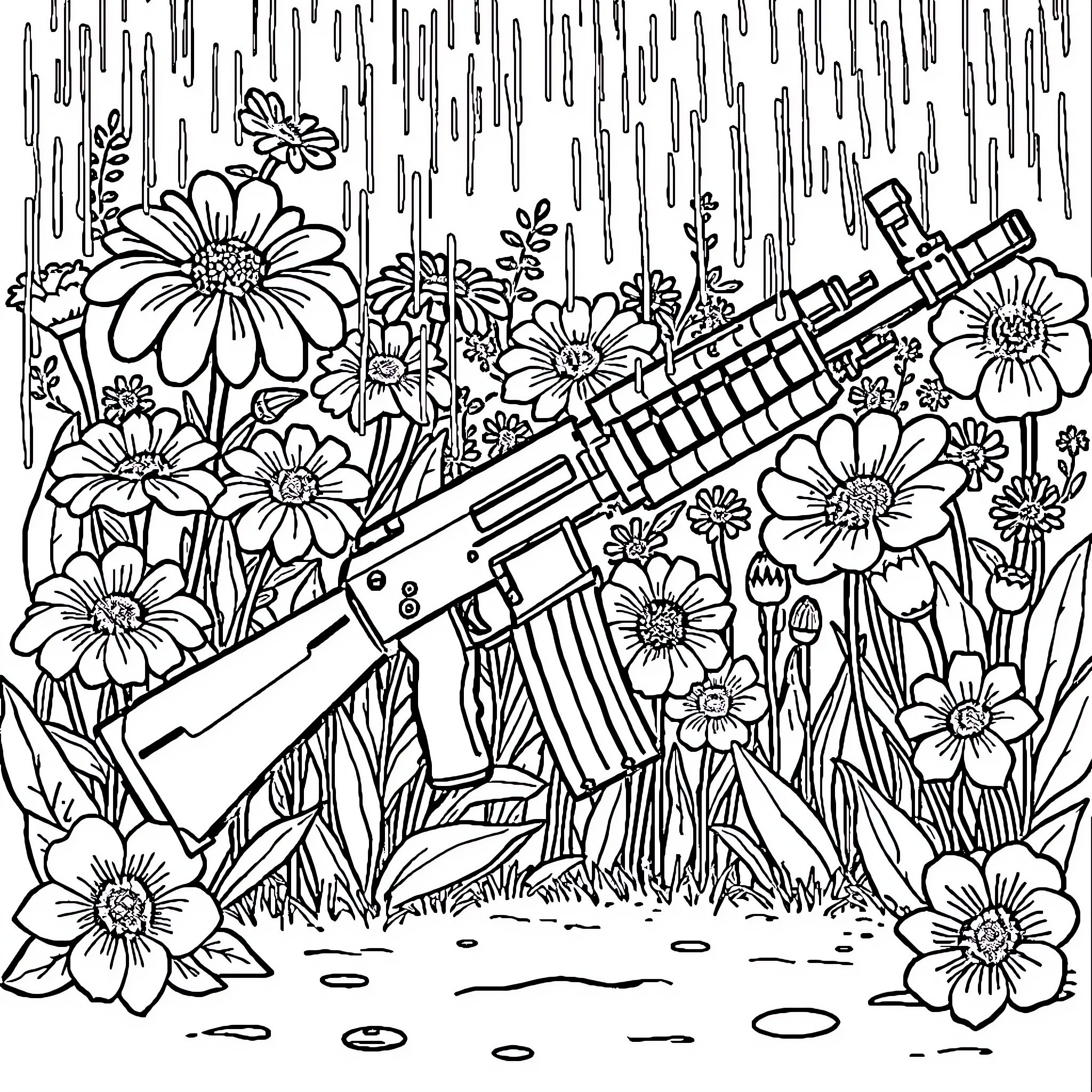 AK47 in a field of colorful flowers Coloring Page (free black-and-white line drawing printable PDF for all, from beginners to advanced learners, including children, teens, adults, and seniors)