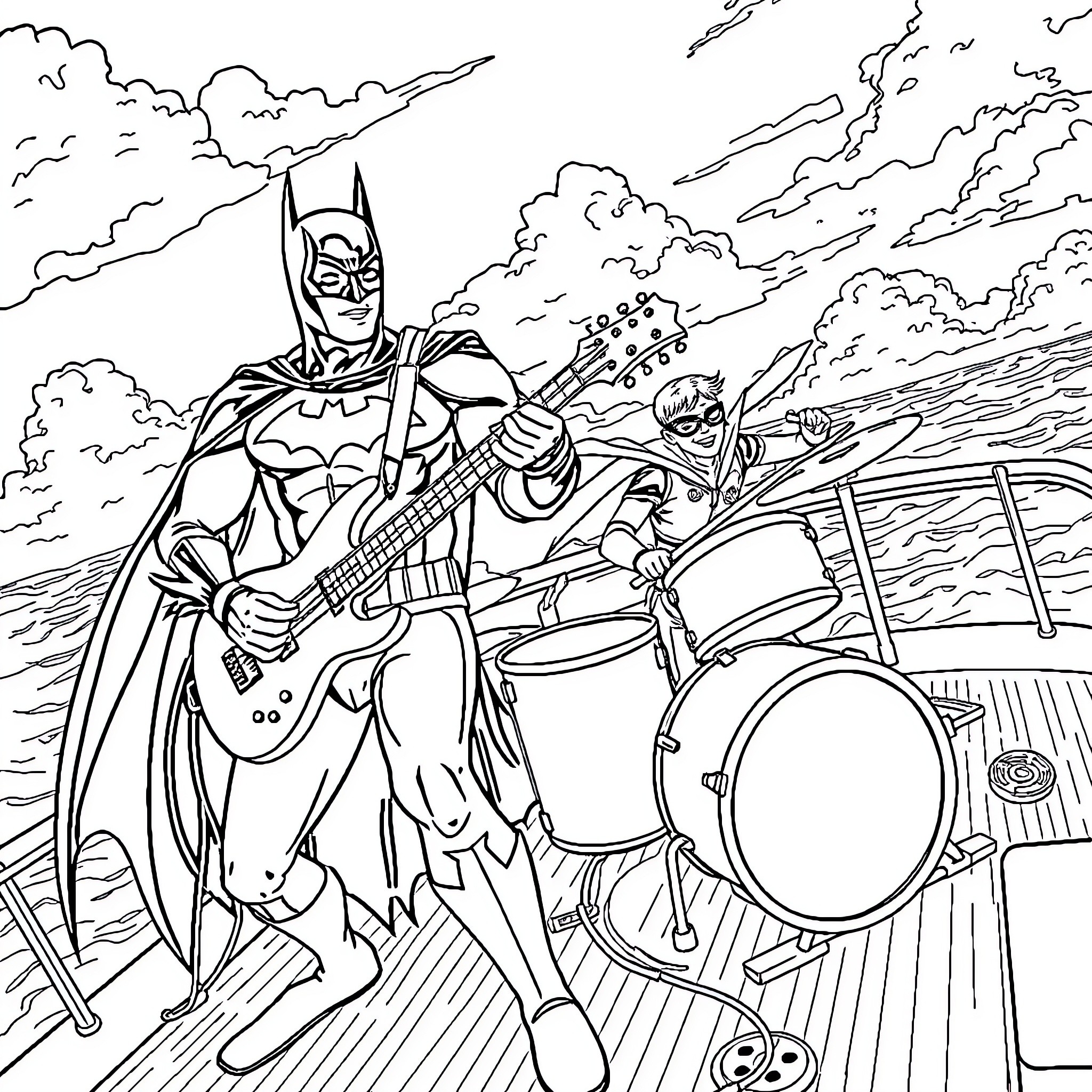Batman's Musical Adventure with Sidekick Coloring Page (free black-and-white line drawing printable PDF for all, from beginners to advanced learners, including children, teens, adults, and seniors)