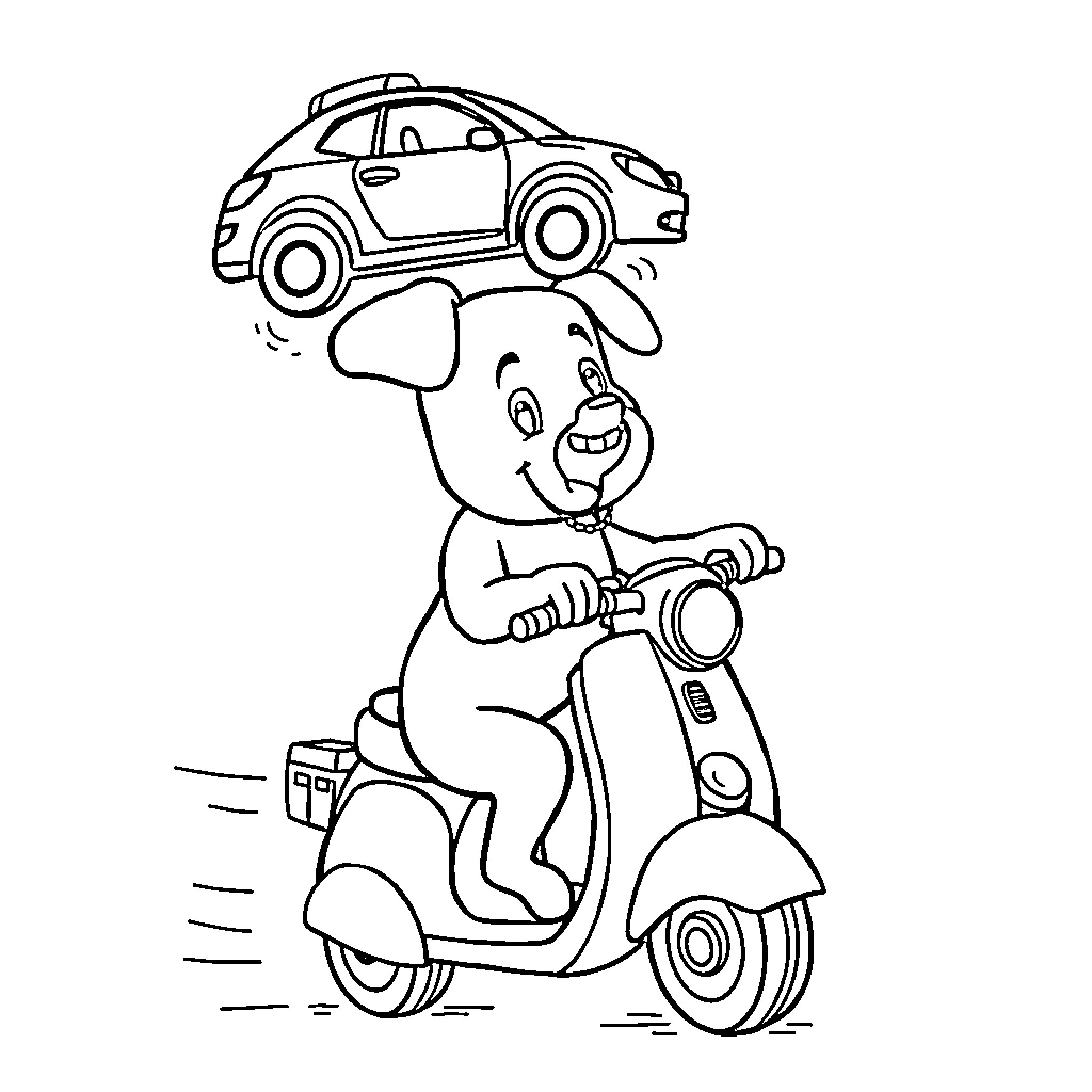 Dog riding scooter with car toy on head Coloring Page (free black-and-white line drawing printable PDF for all, from beginners to advanced learners, including children, teens, adults, and seniors)