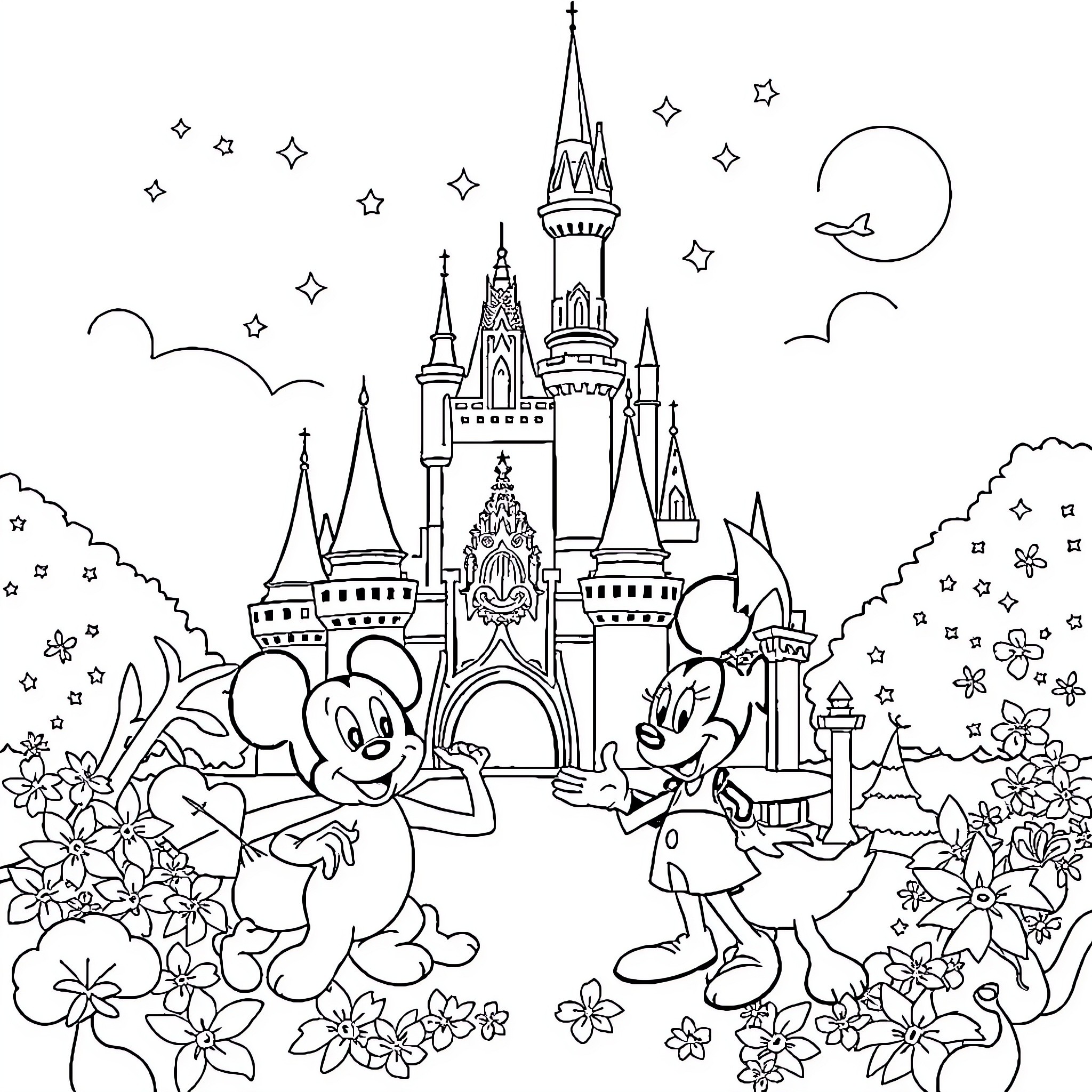 Disney Characters Explore Magical Castle Grounds Coloring Page (free black-and-white line drawing printable PDF for all, from beginners to advanced learners, including children, teens, adults, and seniors)
