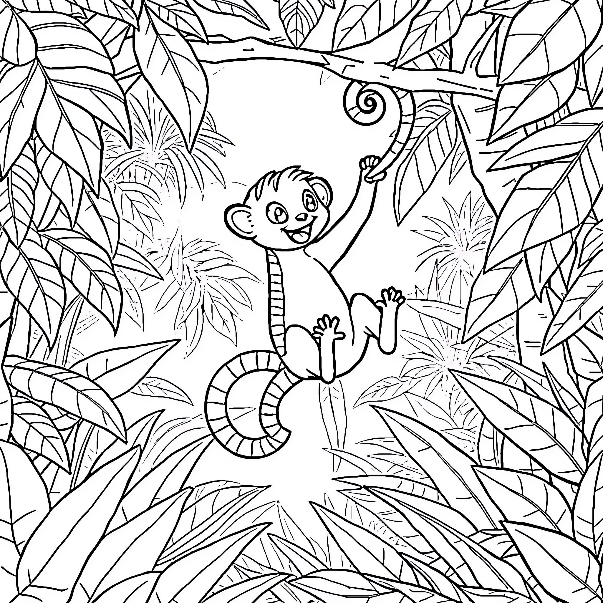 Marsupilami playing in the jungle Coloring Page (free black-and-white line drawing printable PDF for all, from beginners to advanced learners, including children, teens, adults, and seniors)