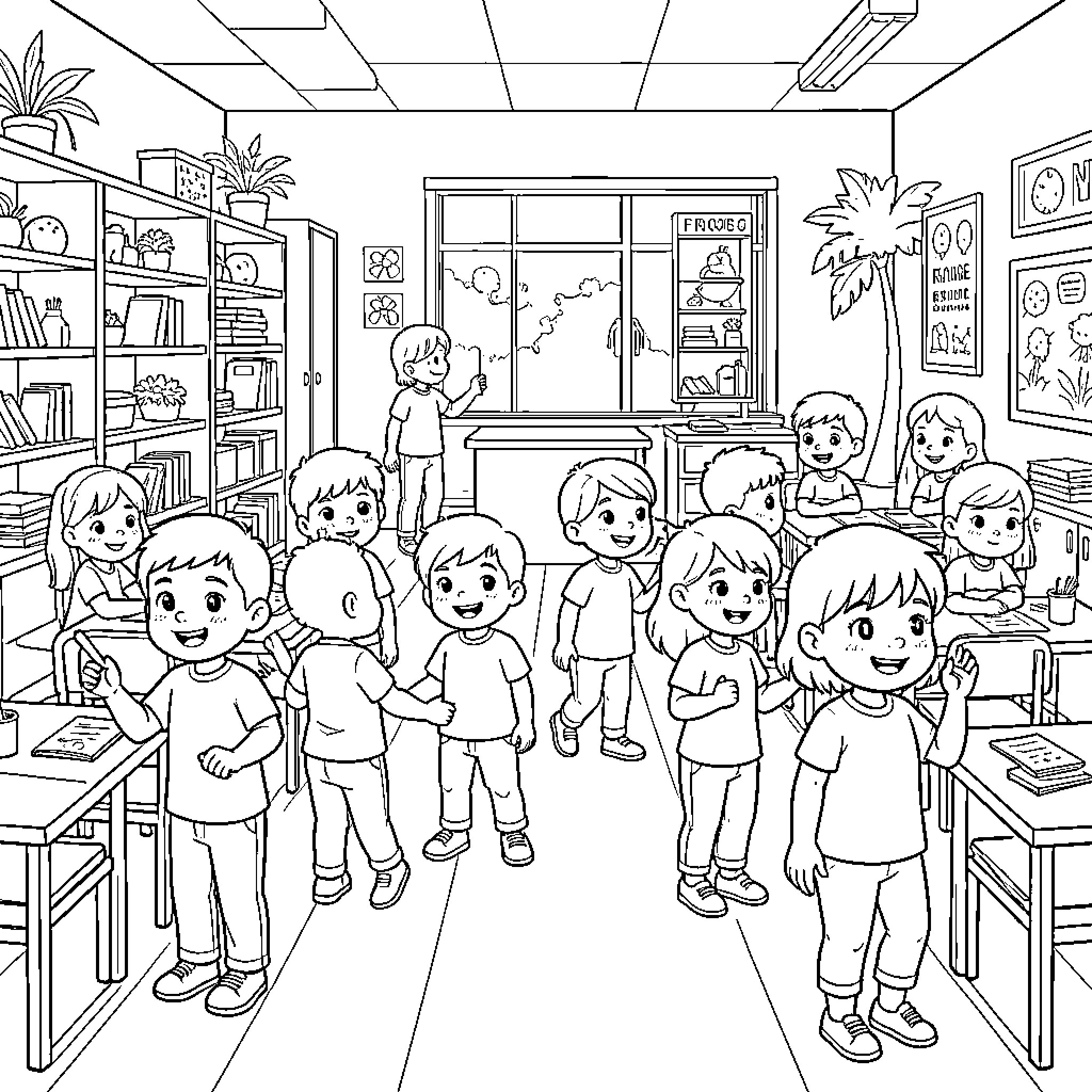 Child students learning and playing in a classroom Coloring Page (free black-and-white line drawing printable PDF for all, from beginners to advanced learners, including children, teens, adults, and seniors)