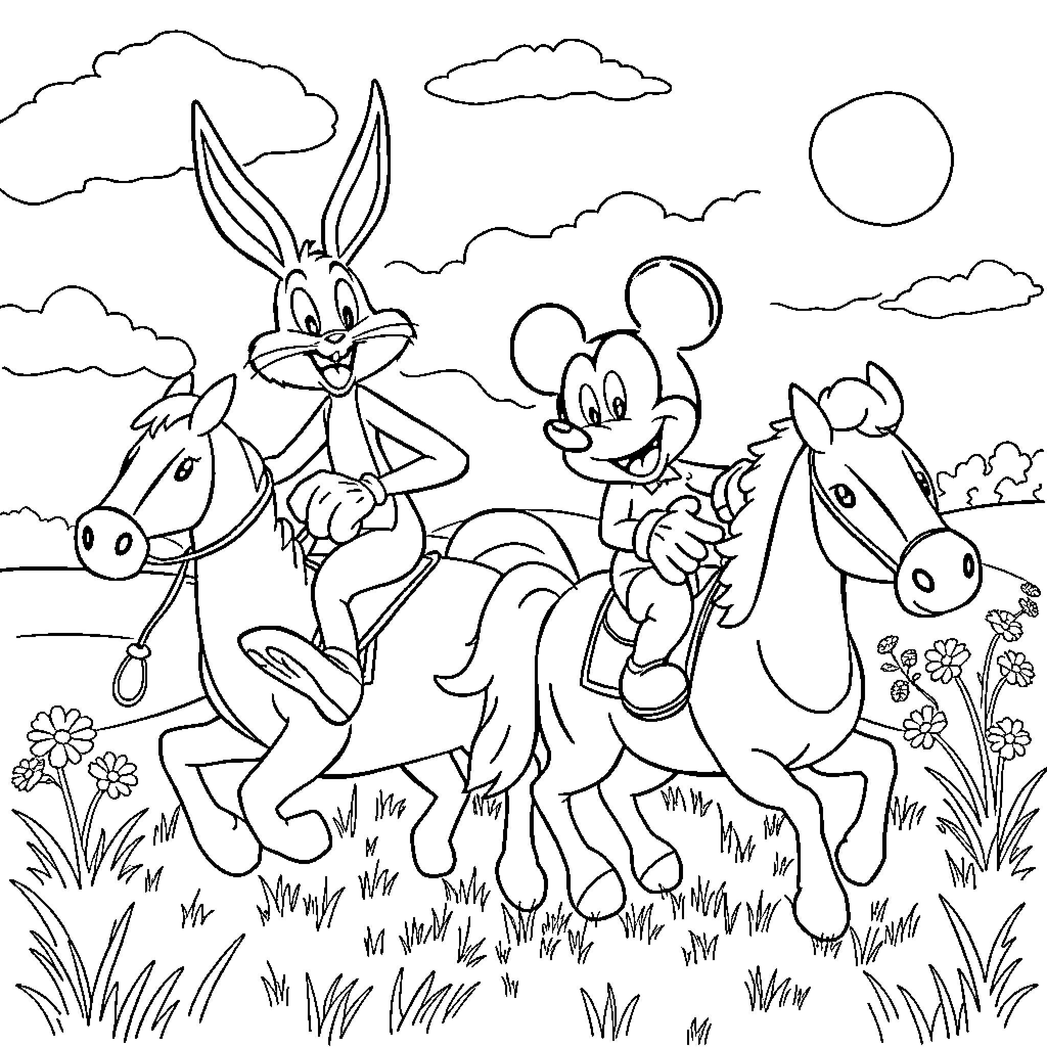 Bunny and friends enjoying a joyful ride on horses Coloring Page (free black-and-white line drawing printable PDF for all, from beginners to advanced learners, including children, teens, adults, and seniors)