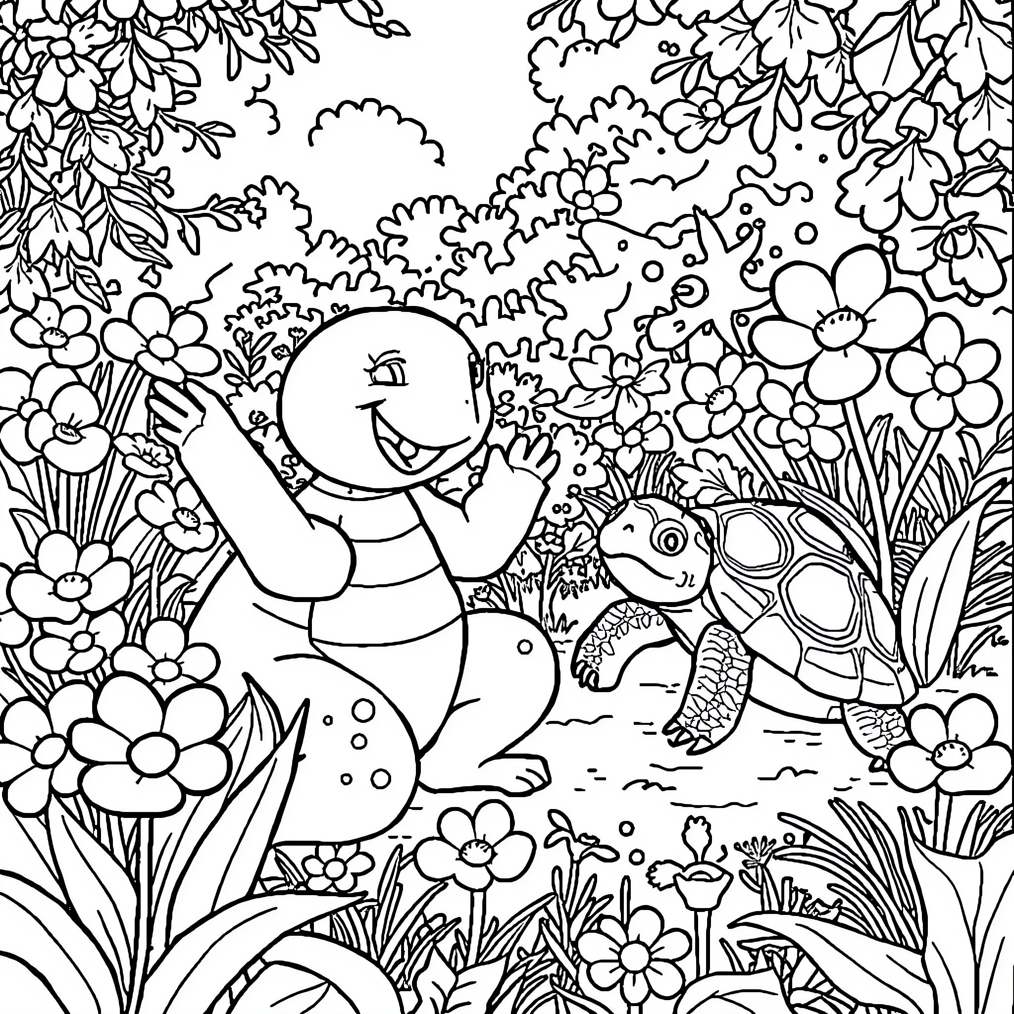 Raiponce enjoying nature with turtle companion Coloring Page (free black-and-white line drawing printable PDF for all, from beginners to advanced learners, including children, teens, adults, and seniors)