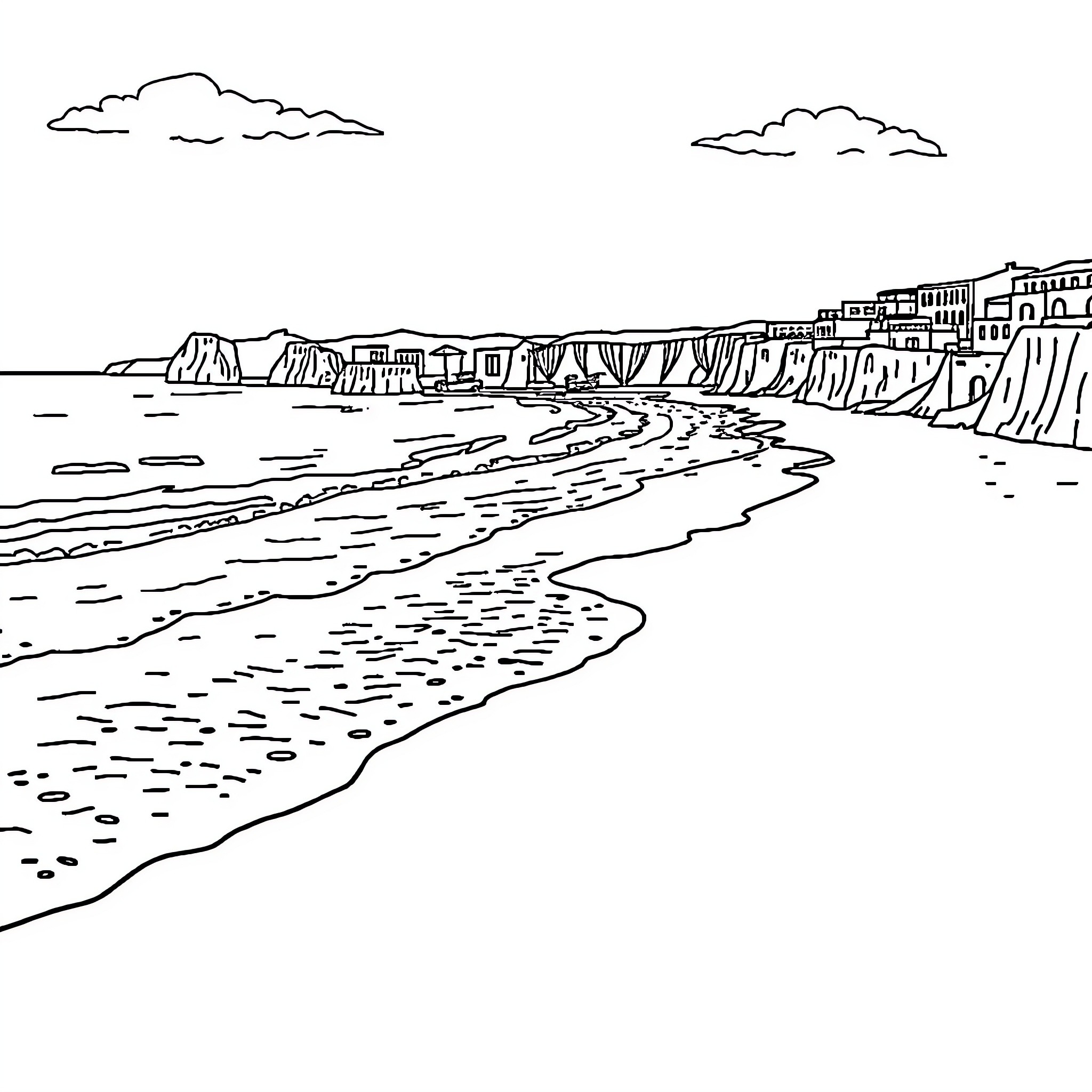 Beach scenic view of coastal town Coloring Page (free black-and-white line drawing printable PDF for all, from beginners to advanced learners, including children, teens, adults, and seniors)