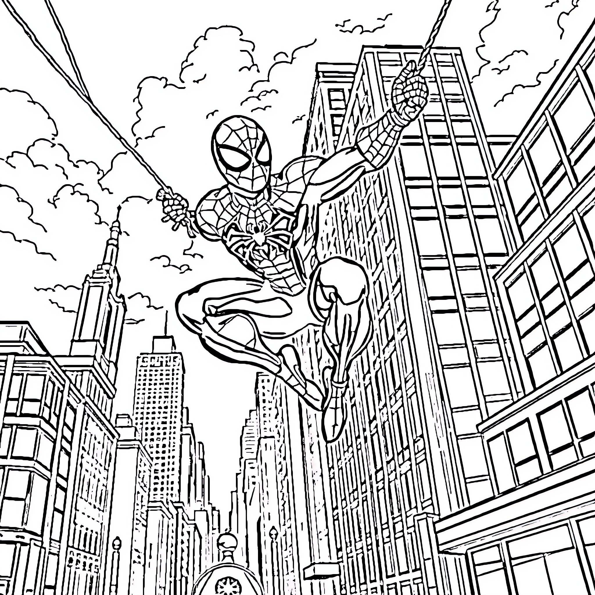 Spider-Man swinging through the city skyline Coloring Page (free black-and-white line drawing printable PDF for all, from beginners to advanced learners, including children, teens, adults, and seniors)