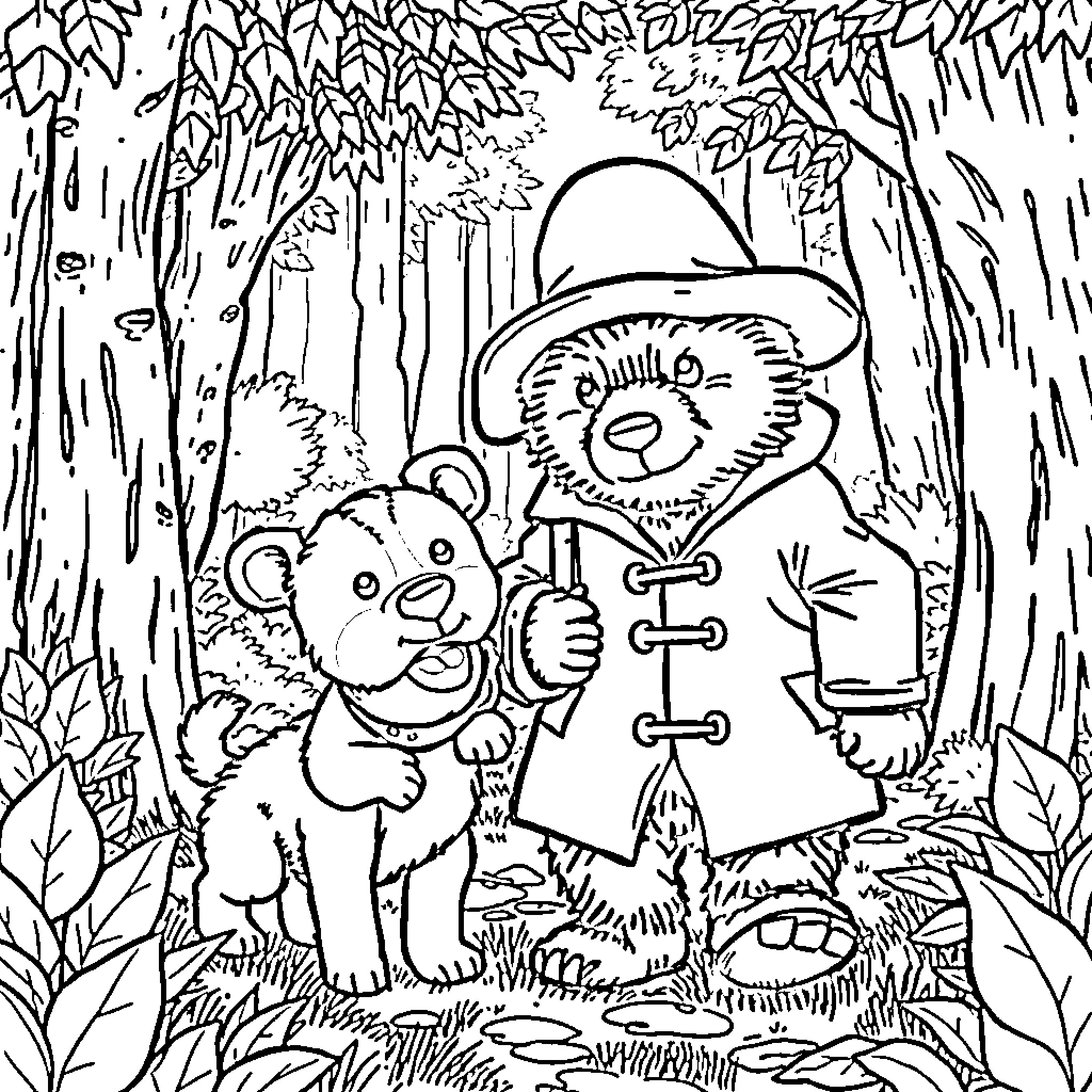 Bear scouts exploring the forest Coloring Page (free black-and-white line drawing printable PDF for all, from beginners to advanced learners, including children, teens, adults, and seniors)