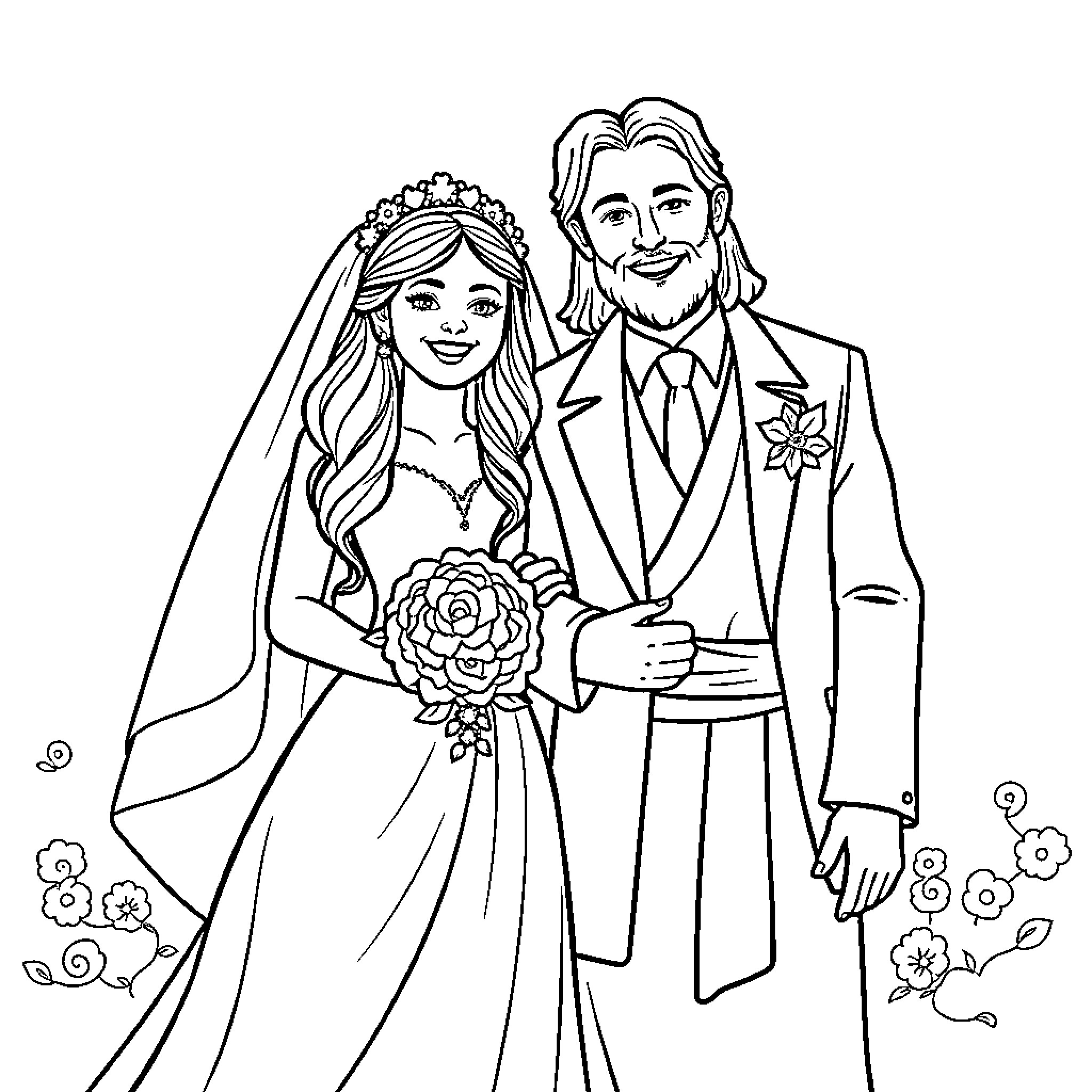 Jesus and the Bride's Joyous Union Coloring Page (free black-and-white line drawing printable PDF for all, from beginners to advanced learners, including children, teens, adults, and seniors)
