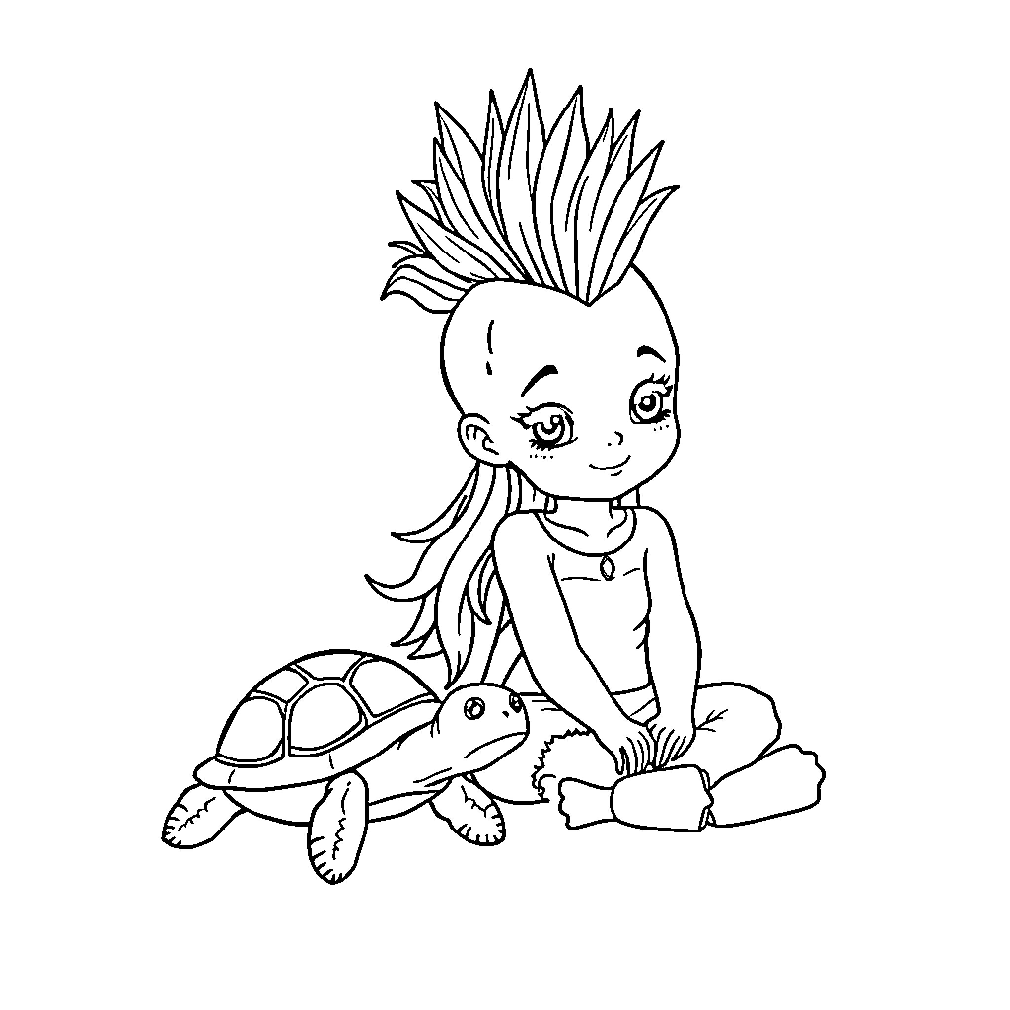 Girl playing with turtle in nature Coloring Page (free black-and-white line drawing printable PDF for all, from beginners to advanced learners, including children, teens, adults, and seniors)