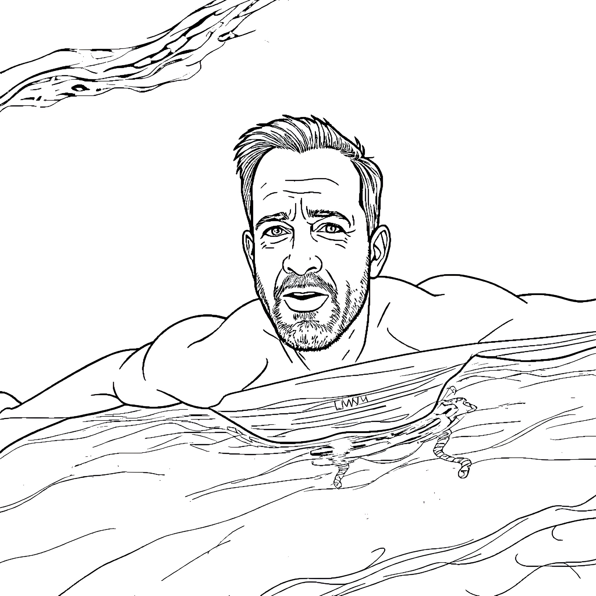 Tom Hanks swimming in rough waters Coloring Page (free black-and-white line drawing printable PDF for all, from beginners to advanced learners, including children, teens, adults, and seniors)