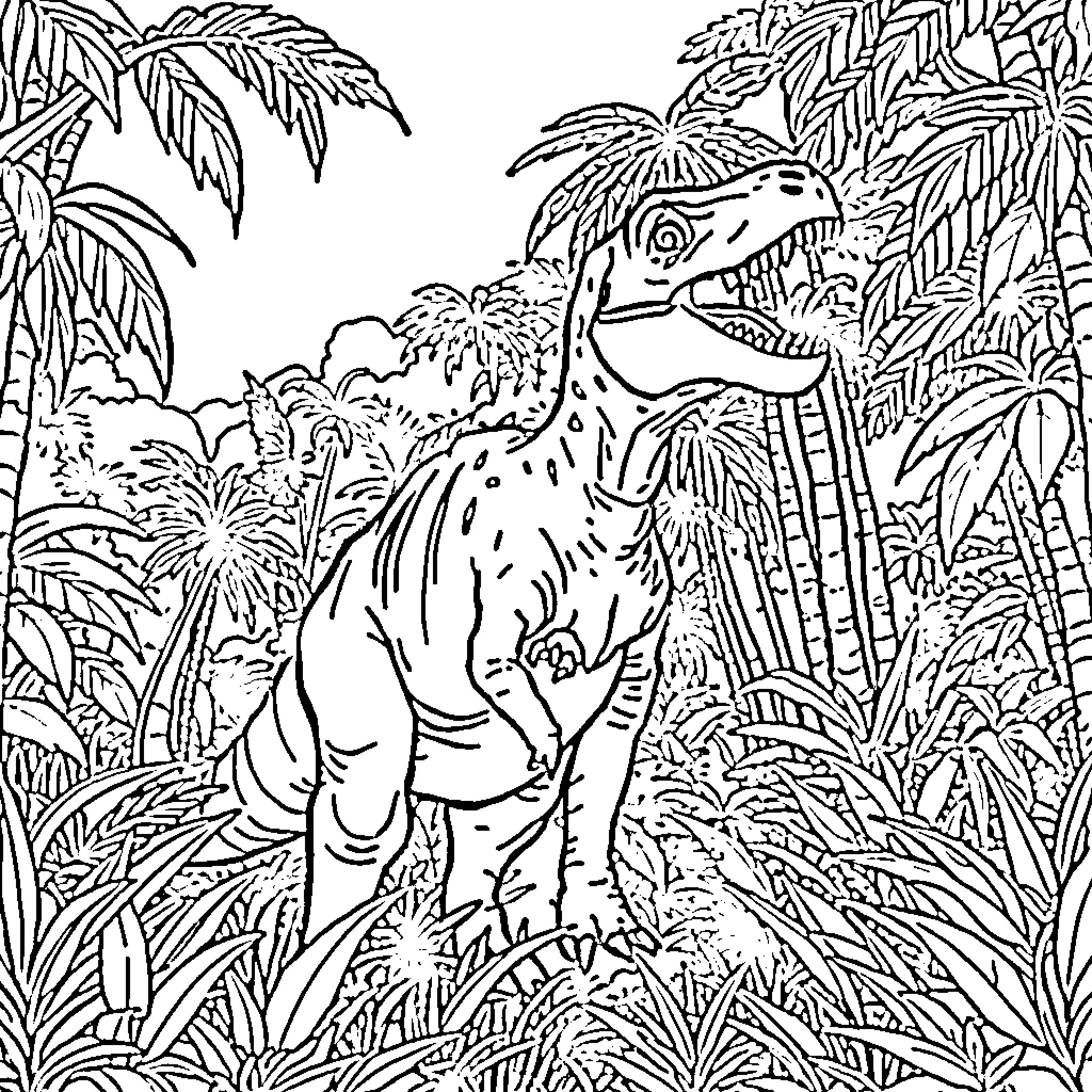 Dinosaur in the Lush Jungle Landscape Coloring Page (free black-and-white line drawing printable PDF for all, from beginners to advanced learners, including children, teens, adults, and seniors)