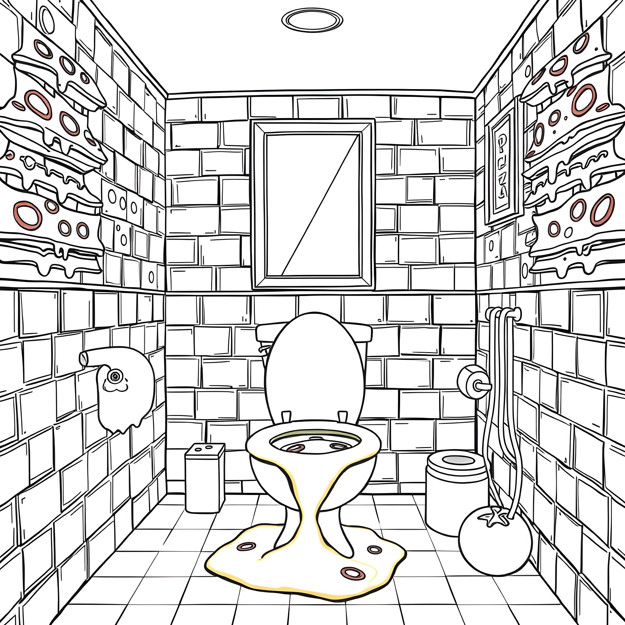 Pizza-Themed Bathroom Decor Coloring Page (free black-and-white line drawing printable PDF for all, from beginners to advanced learners, including children, teens, adults, and seniors)