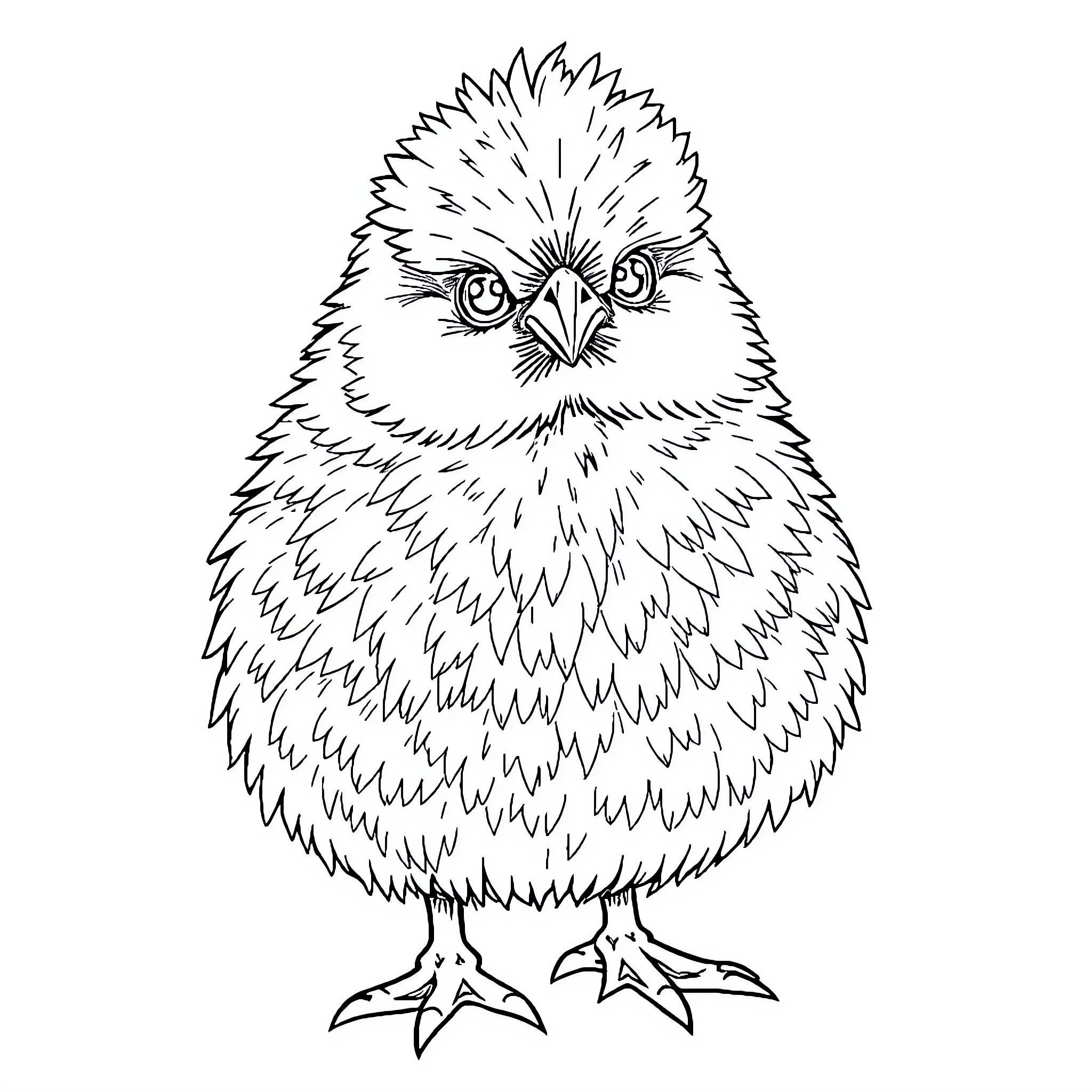 Chick with quirky expression and fluffy feathers Coloring Page (free black-and-white line drawing printable PDF for all, from beginners to advanced learners, including children, teens, adults, and seniors)