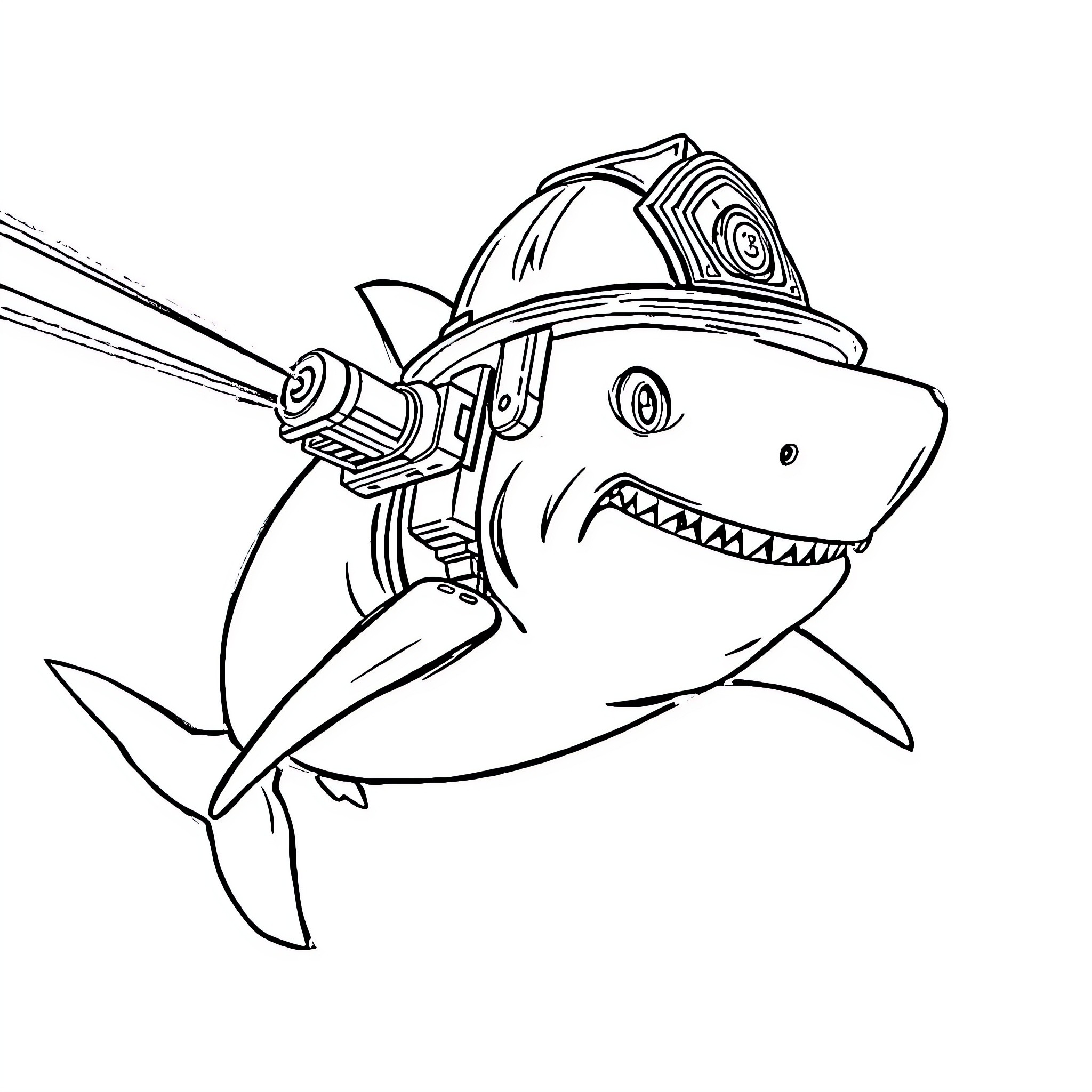 Shark in firefighter helmet rescuing prey Coloring Page (free black-and-white line drawing printable PDF for all, from beginners to advanced learners, including children, teens, adults, and seniors)
