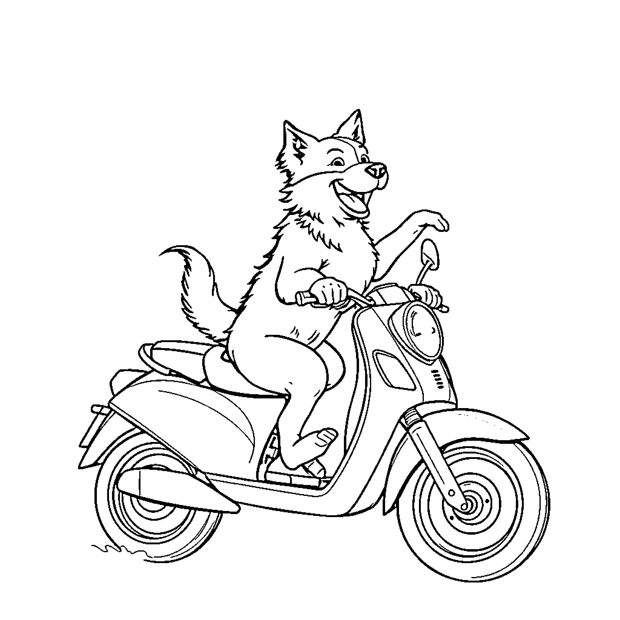 Dog riding a scooter happily Coloring Page (free black-and-white line drawing printable PDF for all, from beginners to advanced learners, including children, teens, adults, and seniors)