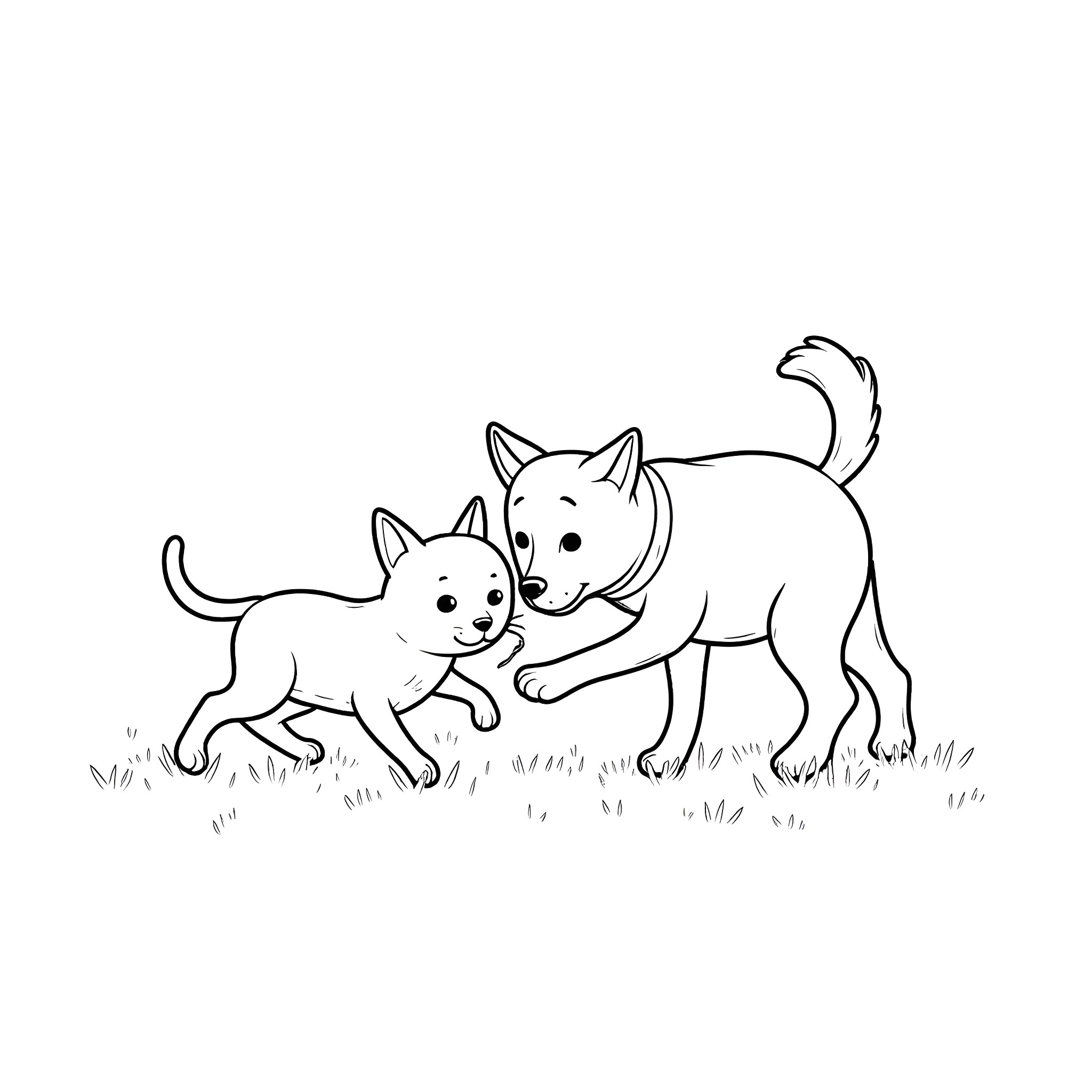 Cat and Dog Playing Together on the Grass Coloring Page (free black-and-white line drawing printable PDF for all, from beginners to advanced learners, including children, teens, adults, and seniors)