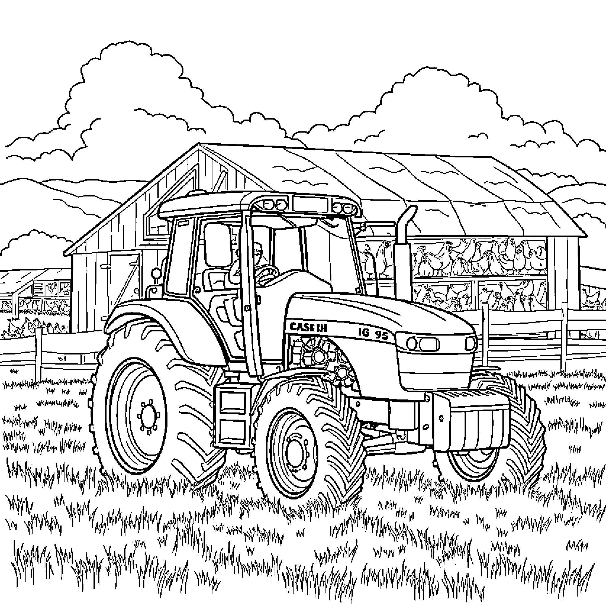 Tractor in the field with barn Coloring Page (free black-and-white line drawing printable PDF for all, from beginners to advanced learners, including children, teens, adults, and seniors)
