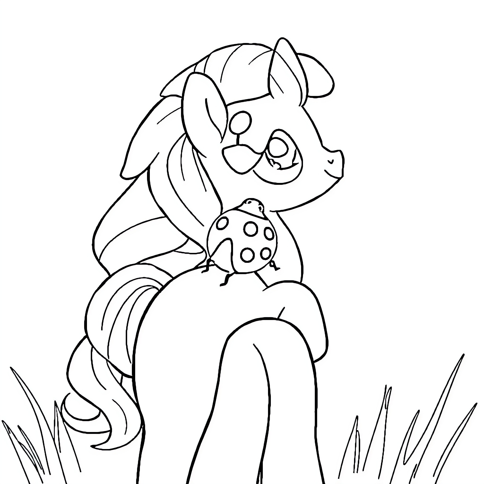 Ladybug resting on a cute rabbit in a grassy field Coloring Page (free black-and-white line drawing printable PDF for all, from beginners to advanced learners, including children, teens, adults, and seniors)