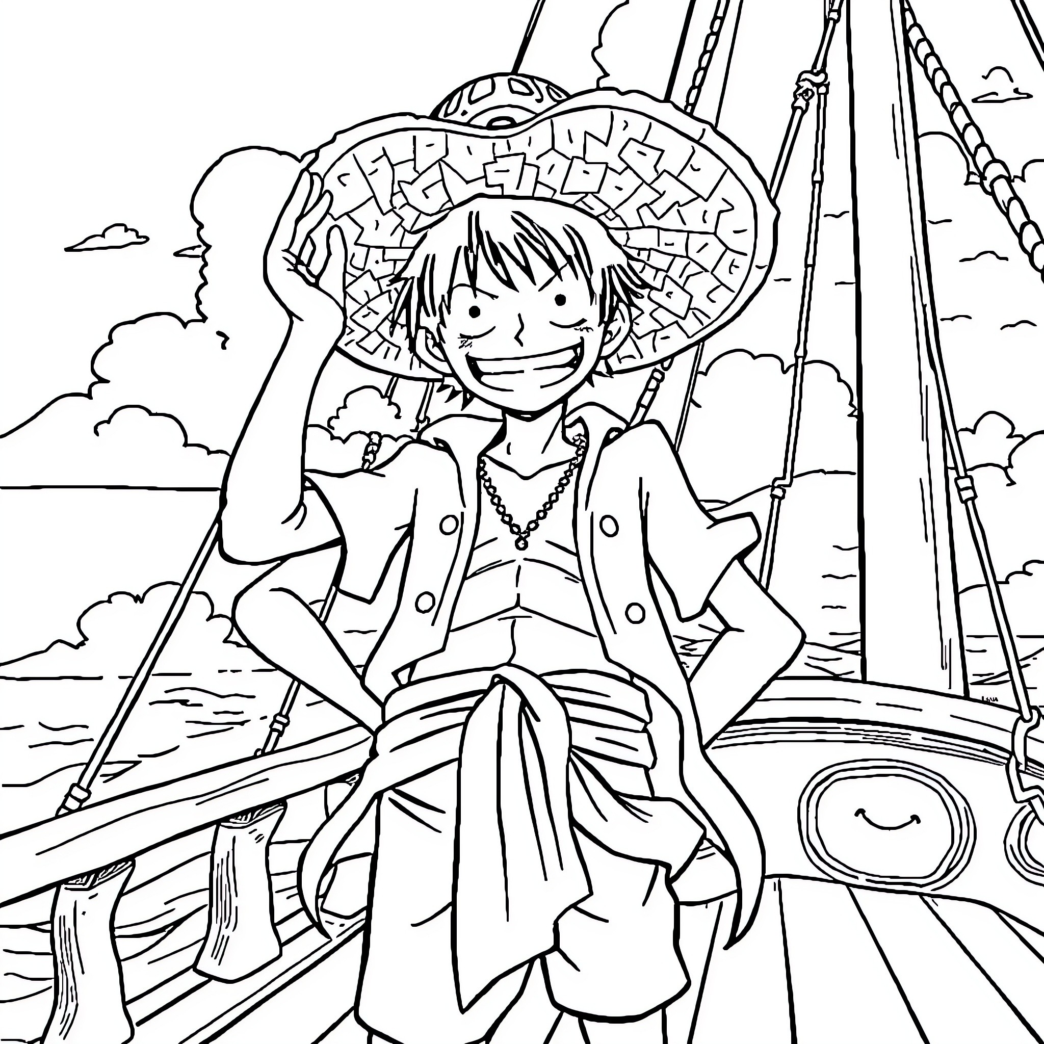 Luffy's Adventurous Spirit on the High Seas Coloring Page (free black-and-white line drawing printable PDF for all, from beginners to advanced learners, including children, teens, adults, and seniors)