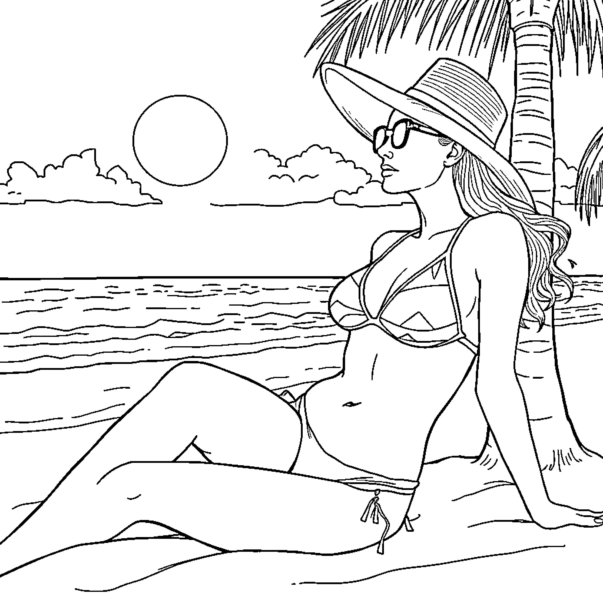 Lady relaxing on the beach under the sun Coloring Page (free black-and-white line drawing printable PDF for all, from beginners to advanced learners, including children, teens, adults, and seniors)