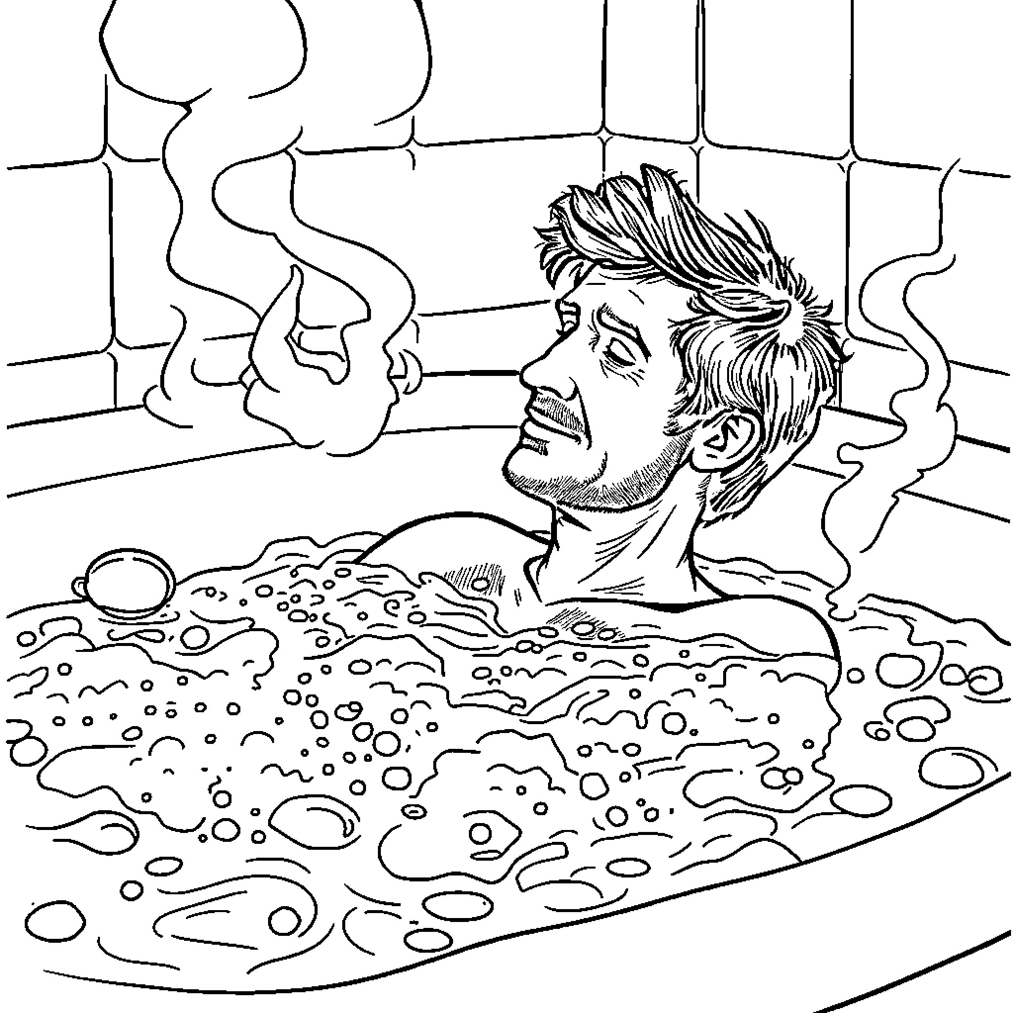 Alan Partridge relaxing in a bubbly tub Coloring Page (free black-and-white line drawing printable PDF for all, from beginners to advanced learners, including children, teens, adults, and seniors)