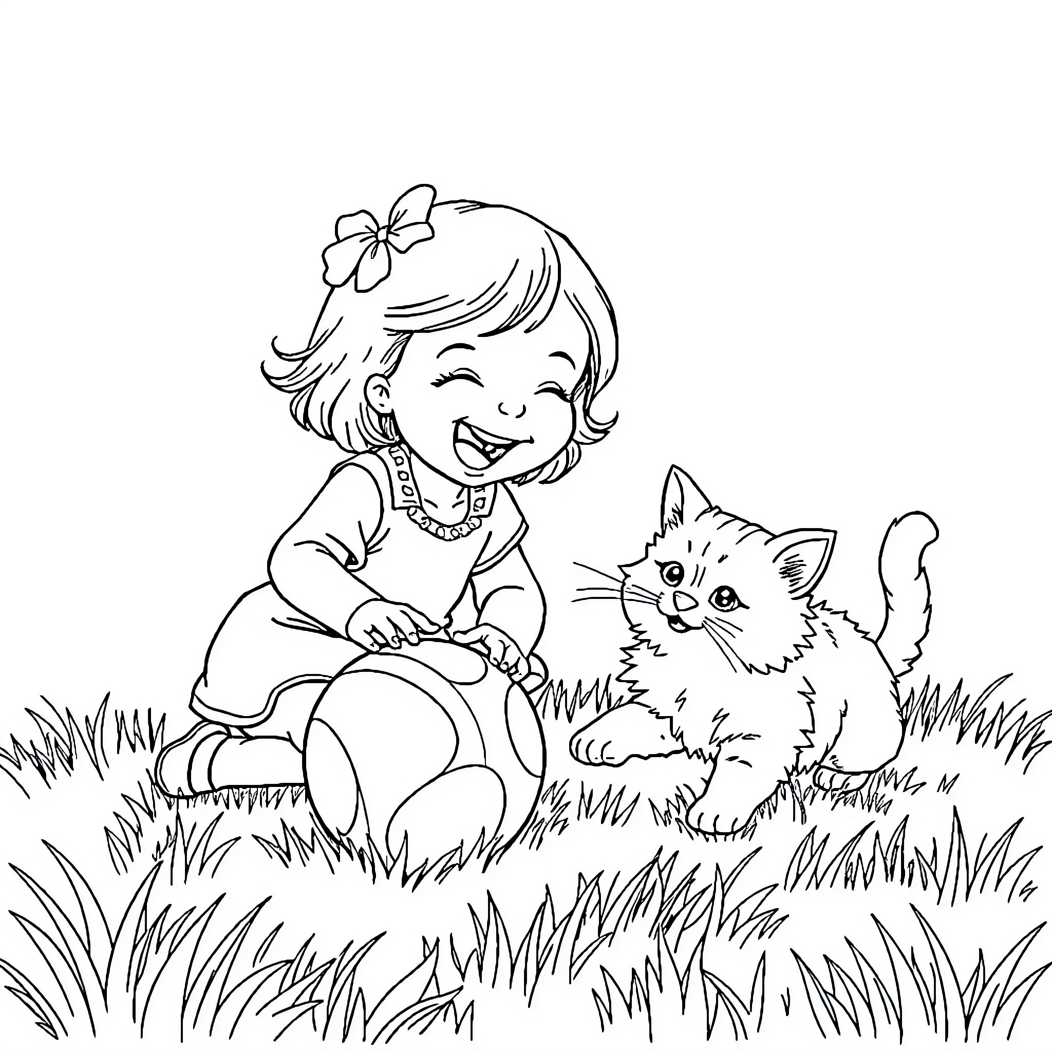 Girl playing happily with a kitten in the grass Coloring Page (free black-and-white line drawing printable PDF for all, from beginners to advanced learners, including children, teens, adults, and seniors)