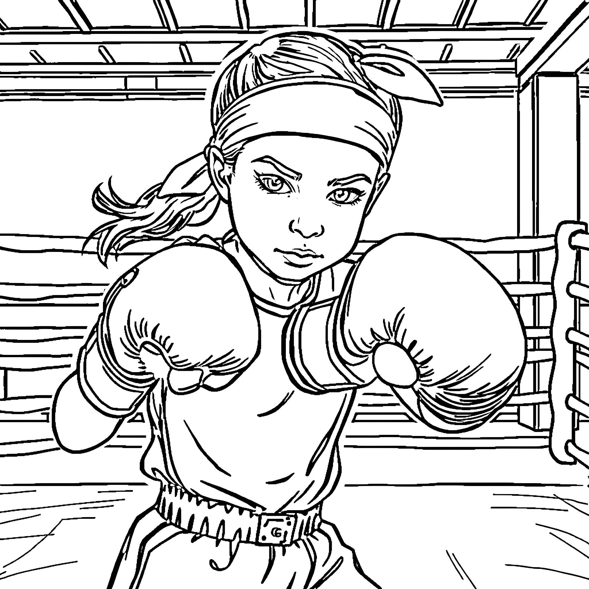 Girl boxing in a training gym Coloring Page (free black-and-white line drawing printable PDF for all, from beginners to advanced learners, including children, teens, adults, and seniors)