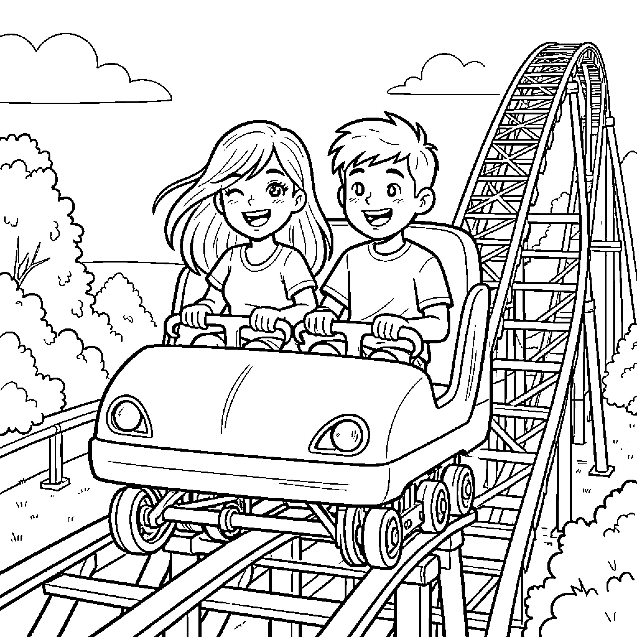 Girl and Boy riding a roller coaster excitedly Coloring Page (free black-and-white line drawing printable PDF for all, from beginners to advanced learners, including children, teens, adults, and seniors)