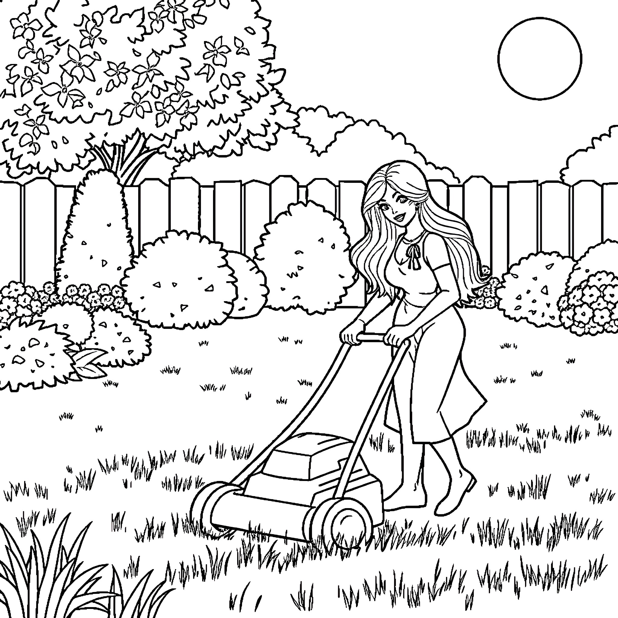 Woman mowing the lawn in a backyard garden Coloring Page (free black-and-white line drawing printable PDF for all, from beginners to advanced learners, including children, teens, adults, and seniors)