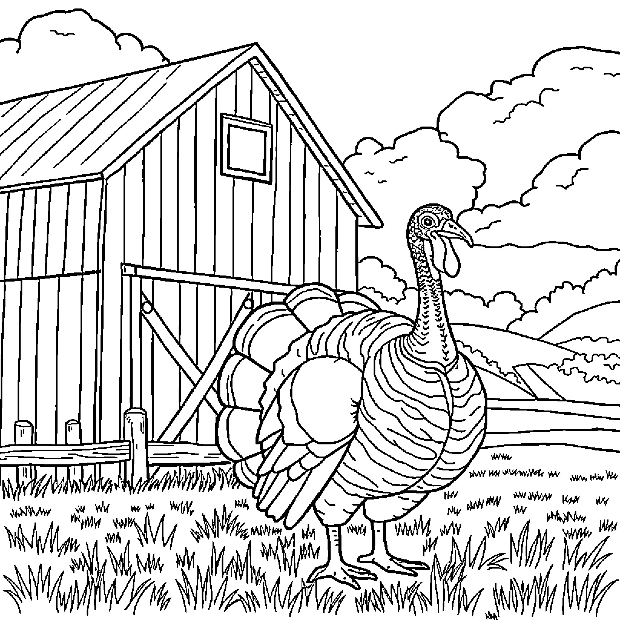 Turkey in the countryside near a rustic barn Coloring Page (free black-and-white line drawing printable PDF for all, from beginners to advanced learners, including children, teens, adults, and seniors)