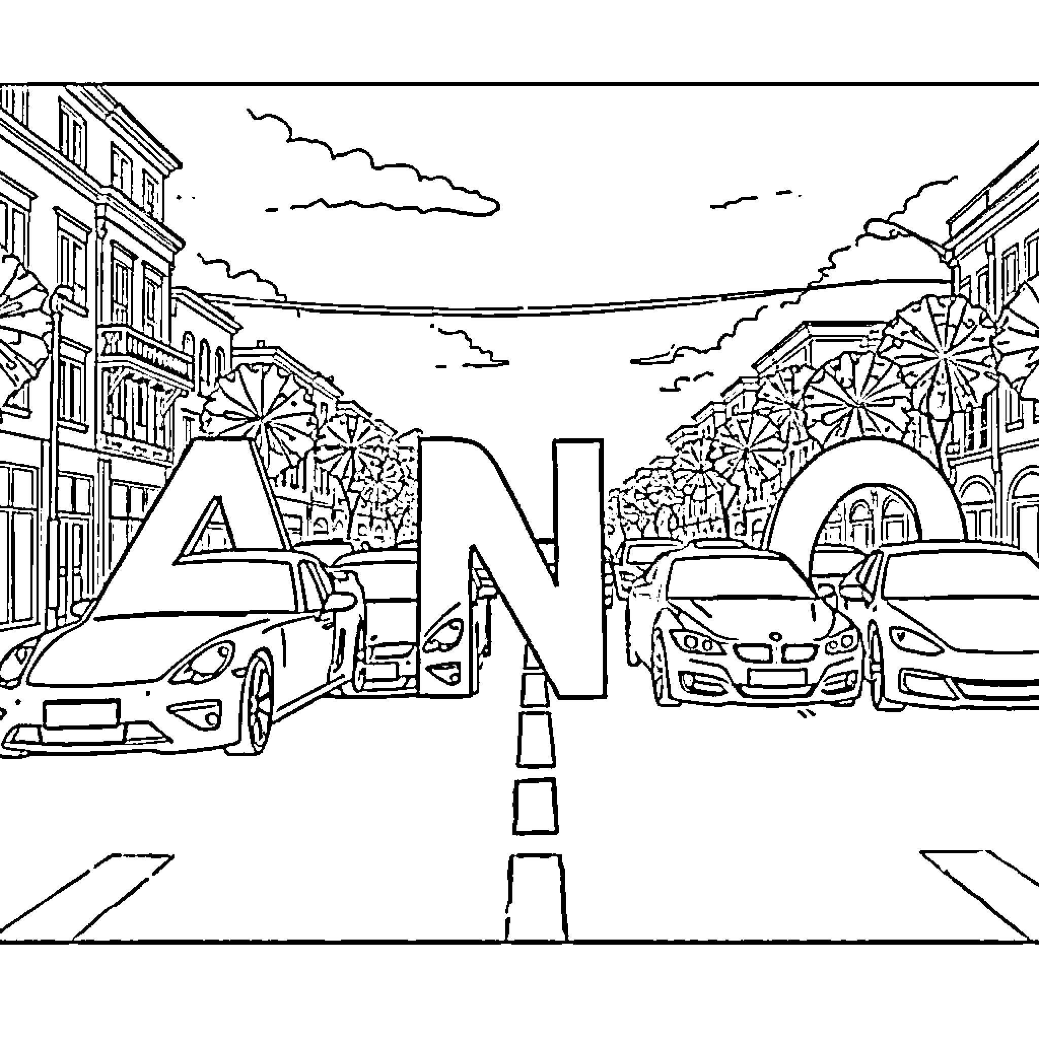 Cars traveling on busy city street with decorations Coloring Page (free black-and-white line drawing printable PDF for all, from beginners to advanced learners, including children, teens, adults, and seniors)