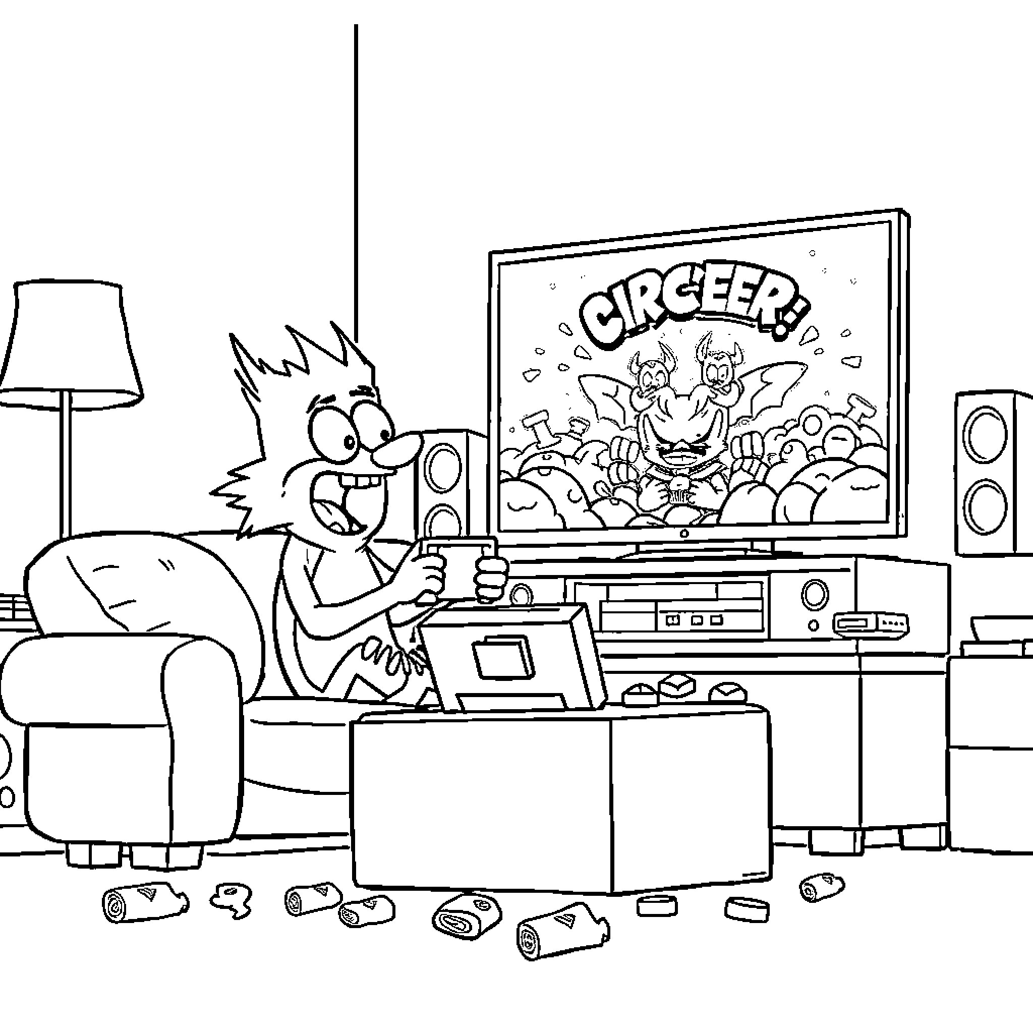 Mordecai enjoying a video game in his living room Coloring Page (free black-and-white line drawing printable PDF for all, from beginners to advanced learners, including children, teens, adults, and seniors)