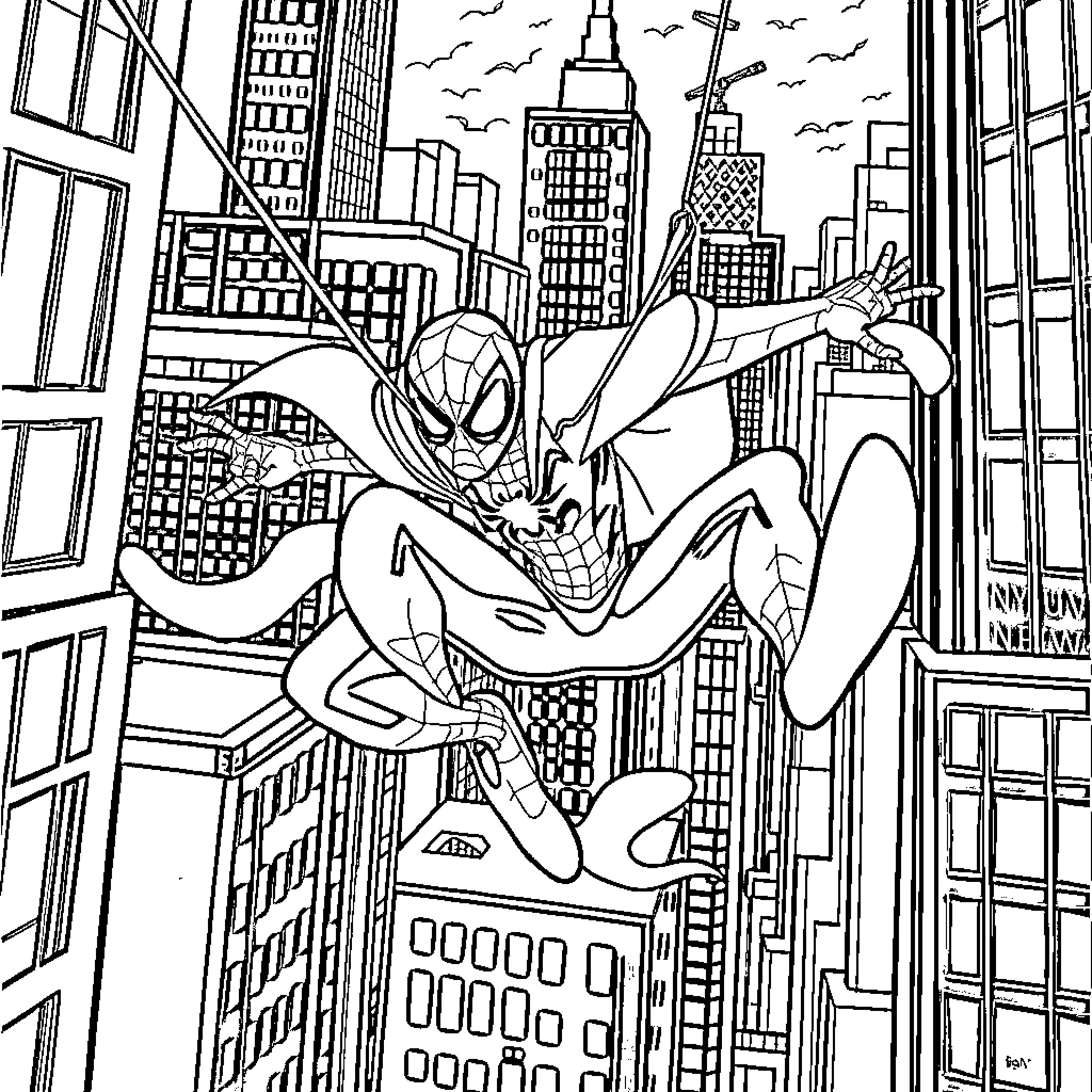 Ghost Spider swinging through the city Coloring Page (free black-and-white line drawing printable PDF for all, from beginners to advanced learners, including children, teens, adults, and seniors)