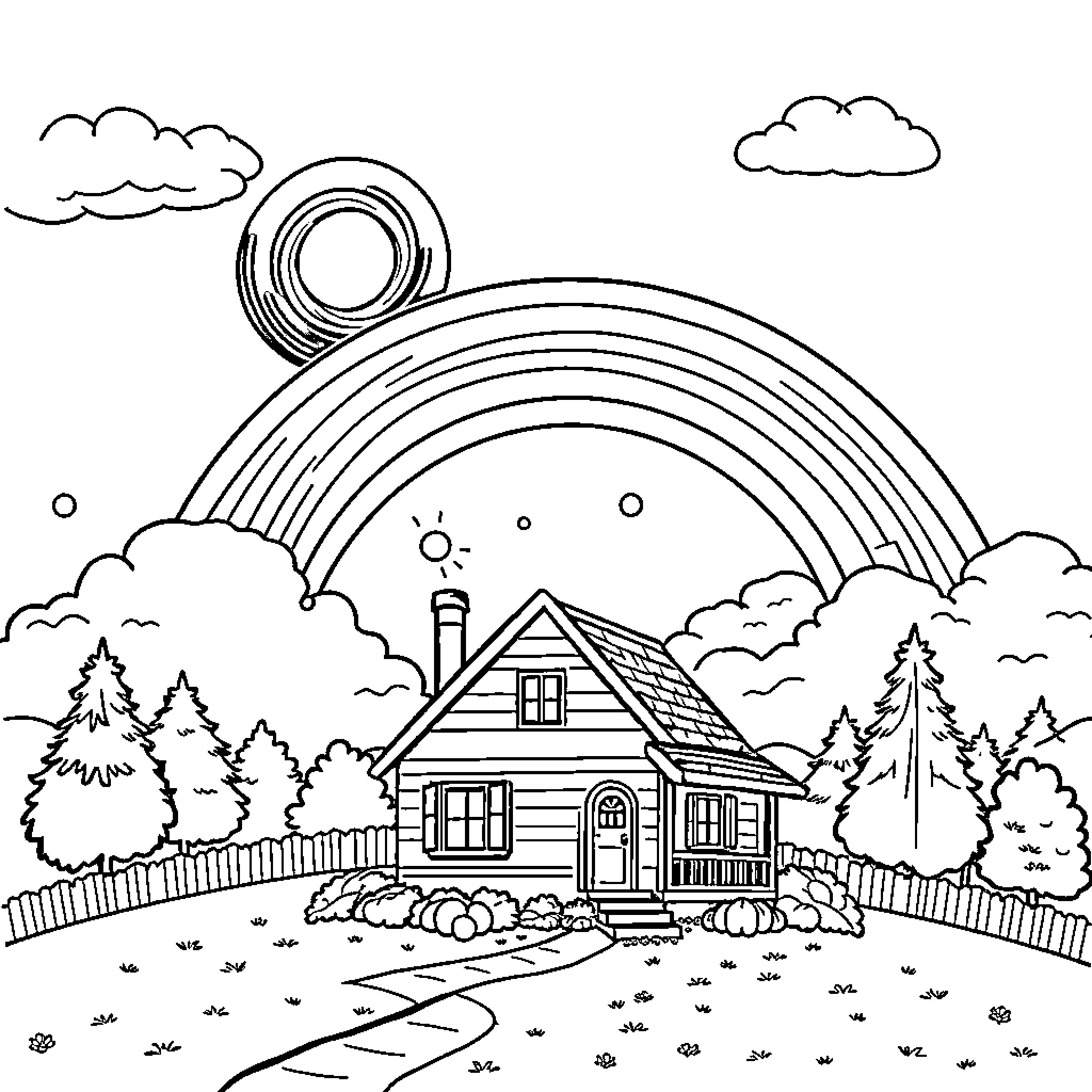 Rainbow Cottage in a Whimsical Landscape Coloring Page (free black-and-white line drawing printable PDF for all, from beginners to advanced learners, including children, teens, adults, and seniors)