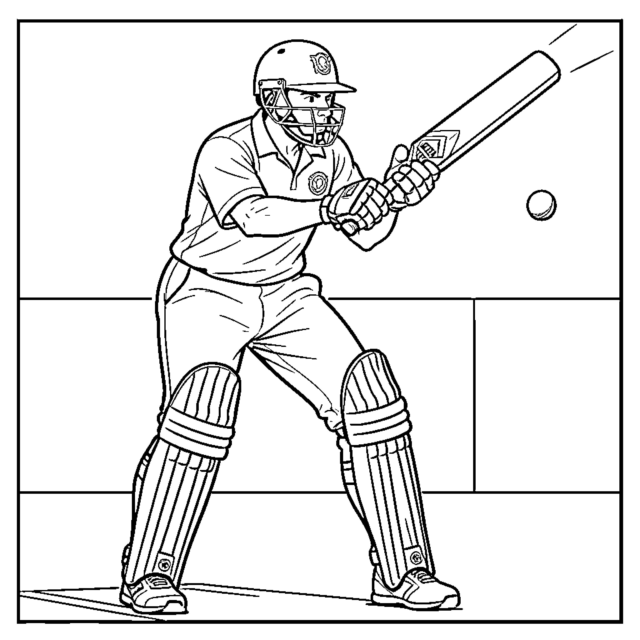 Batsman swinging a cricket bat to hit a ball Coloring Page (free black-and-white line drawing printable PDF for all, from beginners to advanced learners, including children, teens, adults, and seniors)