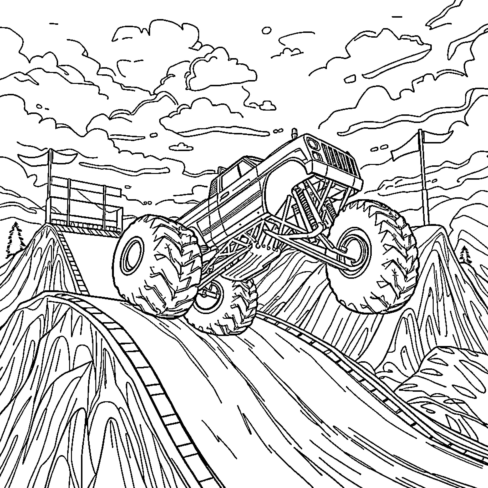 Monster Truck Conquering Rugged Terrain Coloring Page (free black-and-white line drawing printable PDF for all, from beginners to advanced learners, including children, teens, adults, and seniors)