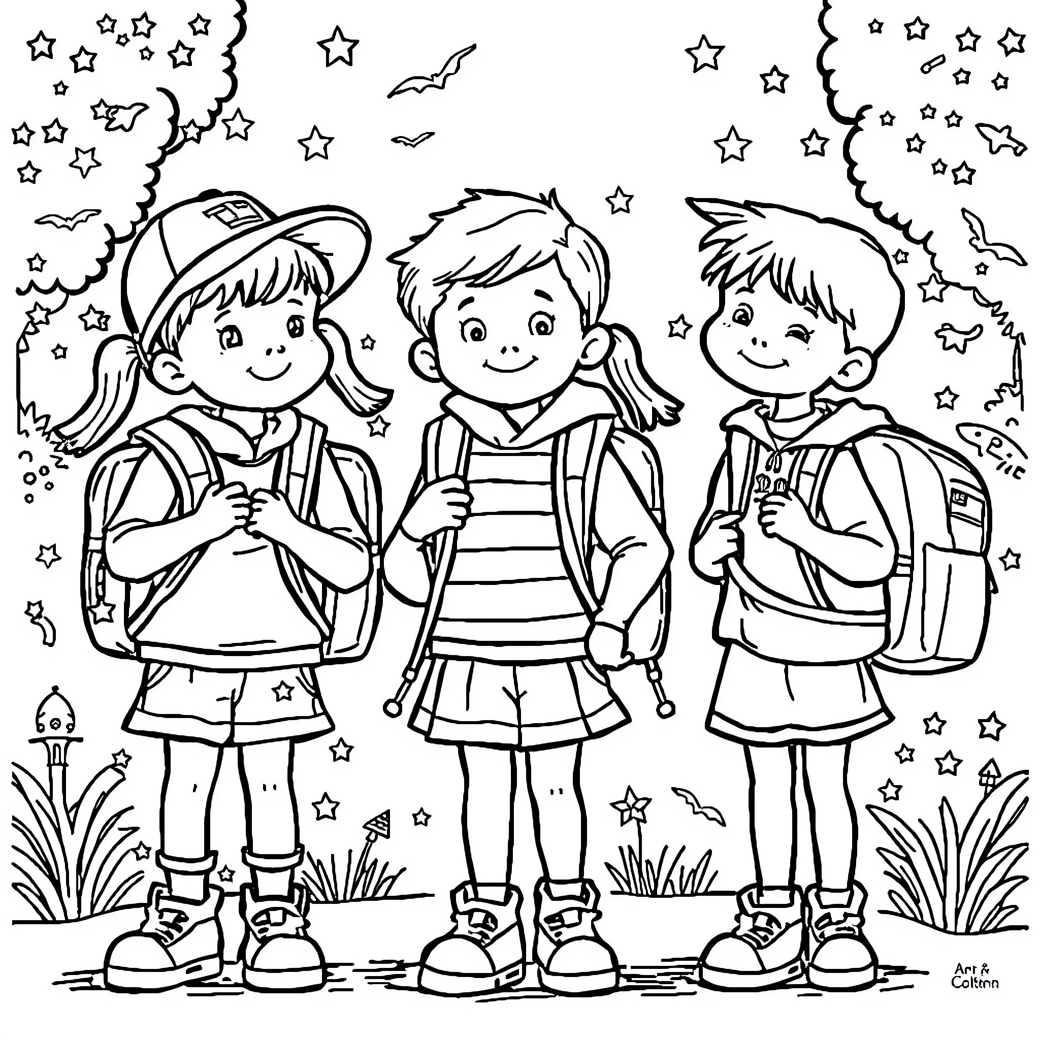 Patriot children exploring the night sky Coloring Page (free black-and-white line drawing printable PDF for all, from beginners to advanced learners, including children, teens, adults, and seniors)